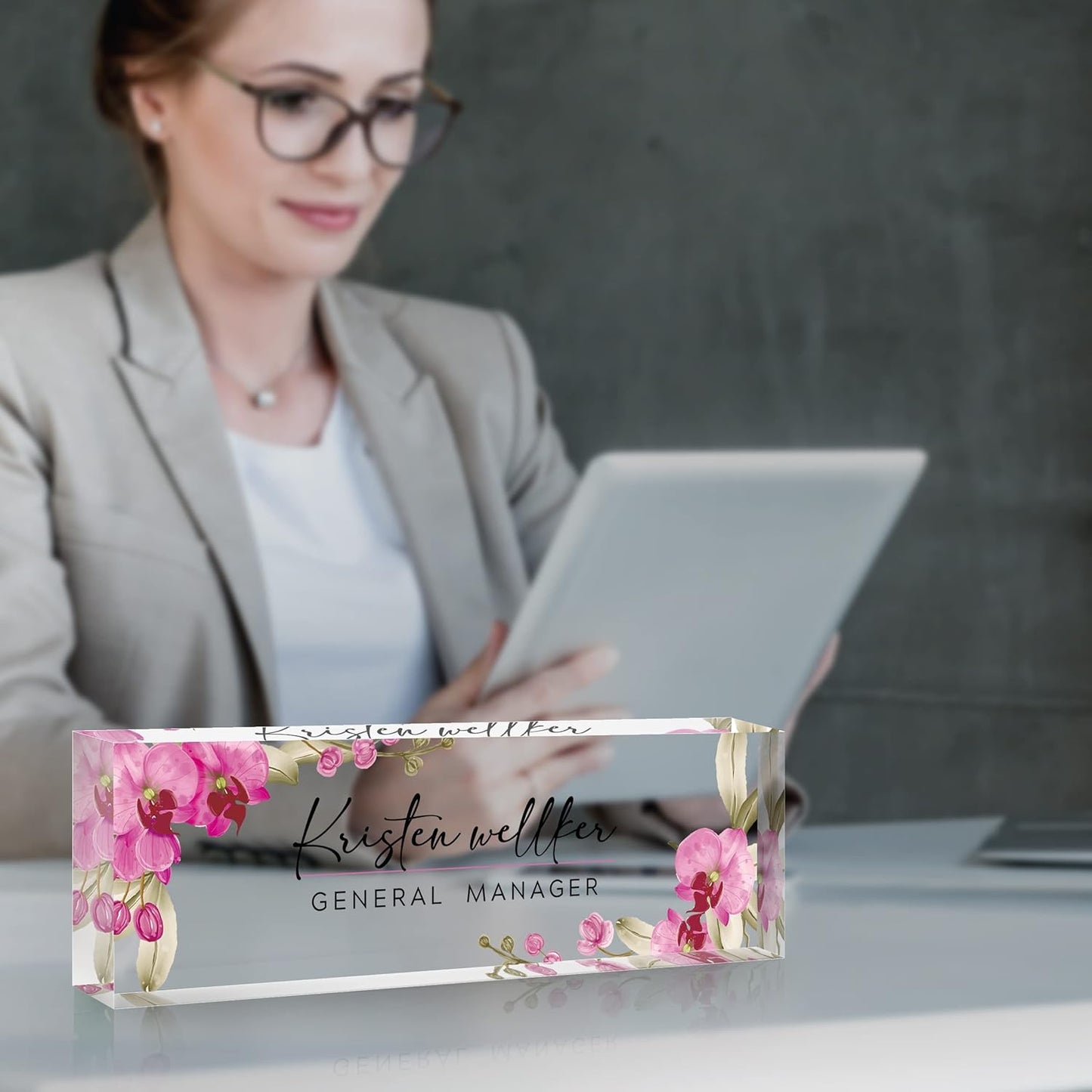 Desk Name Plate Personalized, Premium Butterfly Orchid Acrylic Desk Name Plate, Personalized Name Plate for Desk, Office Decor for Women or Men Coworkers, Boss, Employee, Teacher