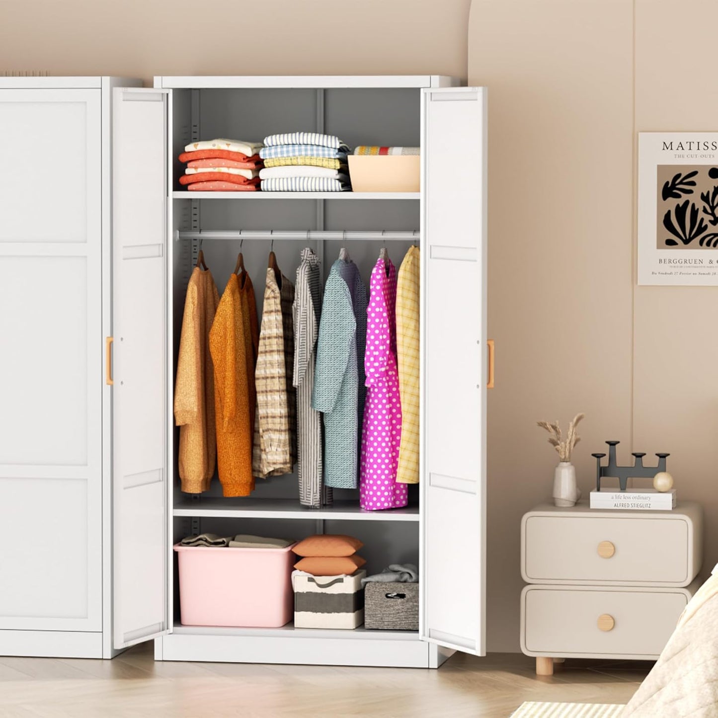 Greenvelly Metal Wardrobe Cabinet with Wooden Handle, 72" Metal Wardrobe Closet with Hanging Rods and Adjustable Shelves, Clothing Storage Closet Cabinet for Home, Office, Employee, Gym (White)