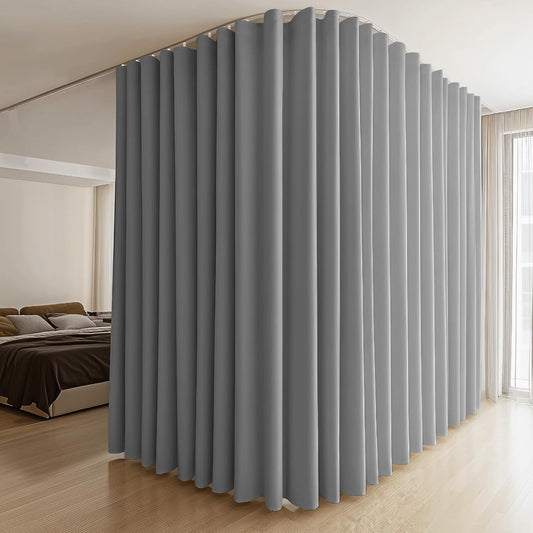 Room Divider Curtains & Flexible Bendable Tracks Set,Privacy Dividers Ceiling Track Curtain Window Blackout Curtains for Living Room Bedroom (W150 × H96 in 1 Panel Grey Drape & White Rail)