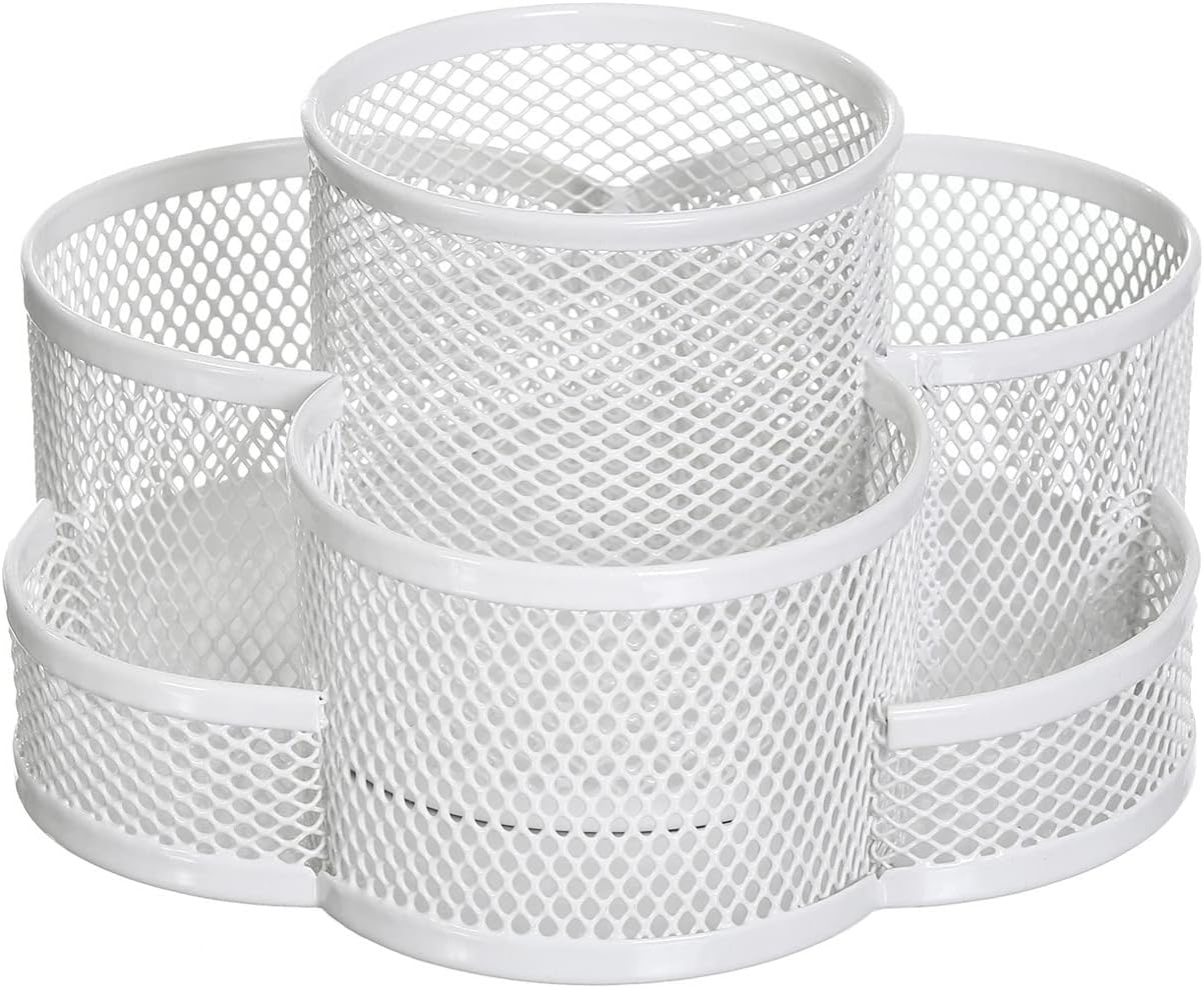 360 Rotatable Metal Mesh Desktop Stationery Organizer Pen Pot Makeup Brush Organizer for Home School Office (White)