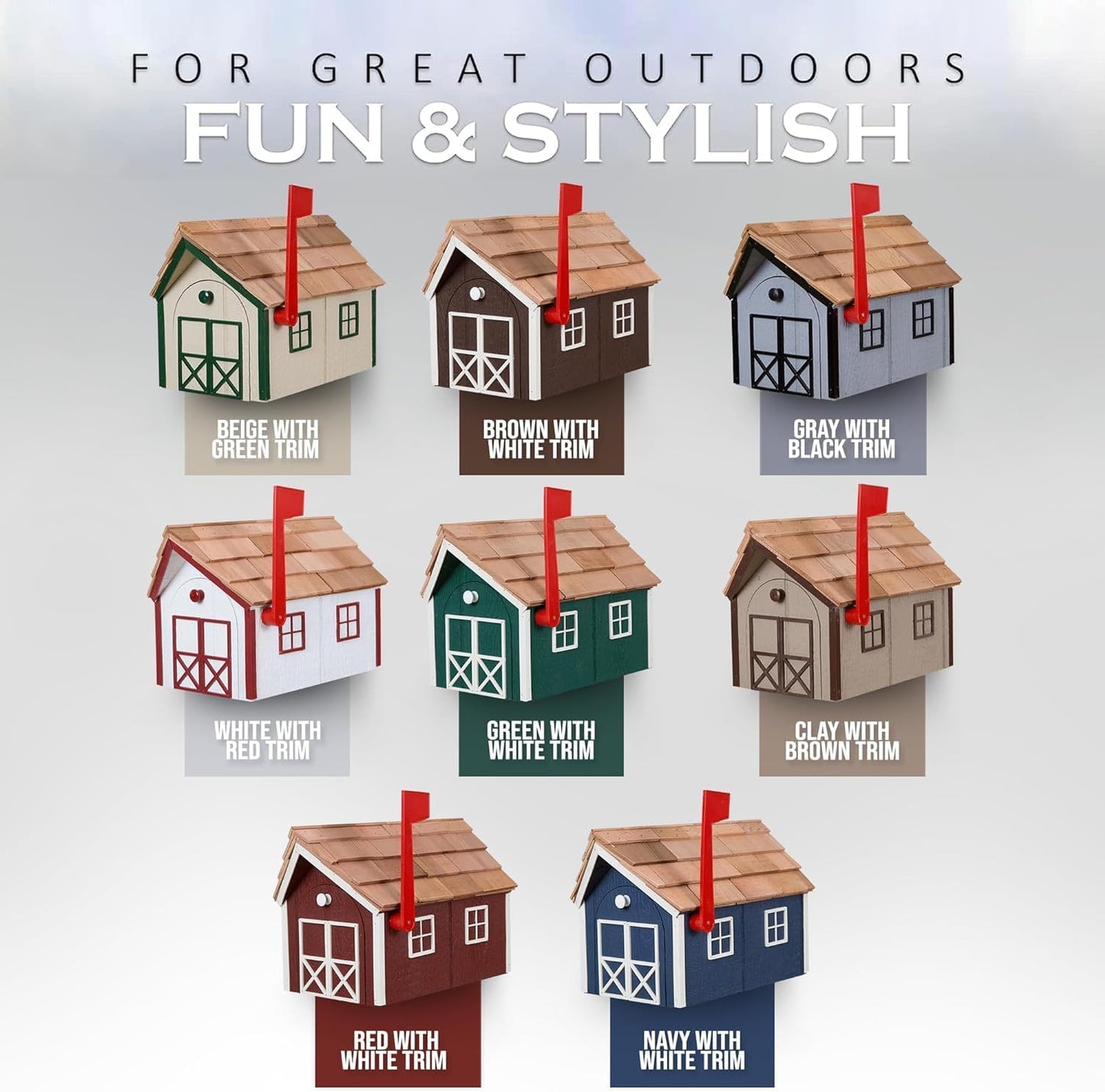 Peaceful Classics Amish Cedar Roof Wooden Mailbox with Window & Door Trim, Handcrafted Mailboxes for Outside, Post Mount Residential Mailboxes - (White with Burgundy Trim)