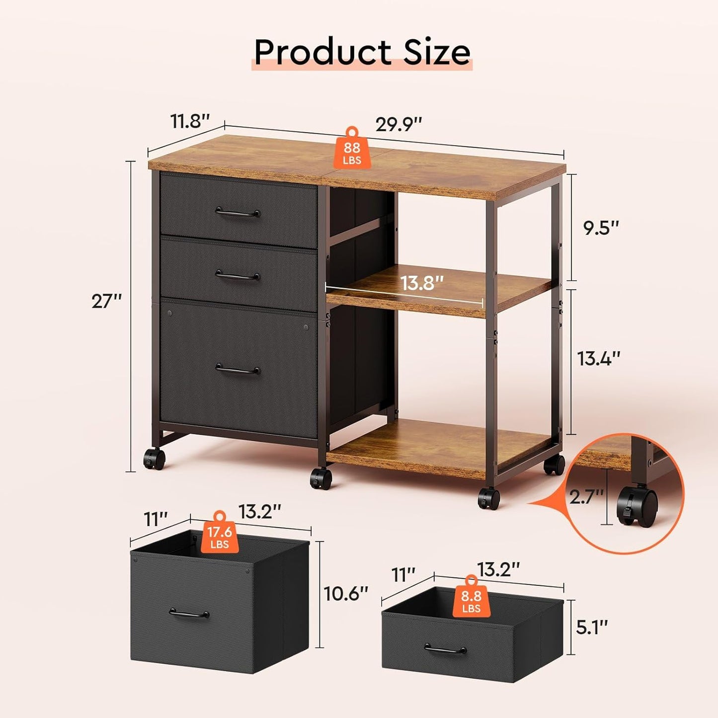 3 Drawer File Cabinet with Wheels Rolling Printer Stand with Open Storage Shelf Fabric Lateral Filing Cabinet for Home Office,Rustic Brown