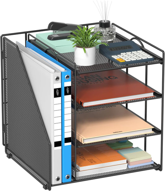 Desk Organizer and Accessories, Paper Organizer for Desk, 4-Tier Paper Letter Tray with File Holder, File Organizers for Office Supplies (Black)