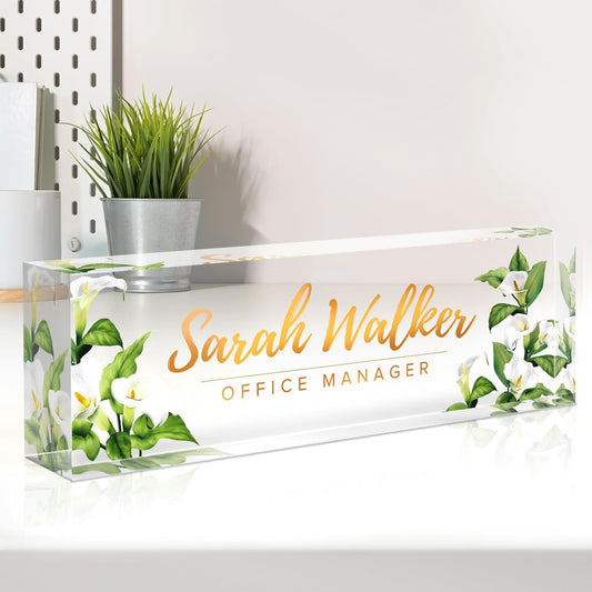 Name Plate for Desk, Desk Name Plate Personalized, Office Decor for Women Men, Acrylic Desktop Accessories, Office Gifts for Boss Nurse Teacher Coworker, Employee Appreciation Gift (Purple Calla)