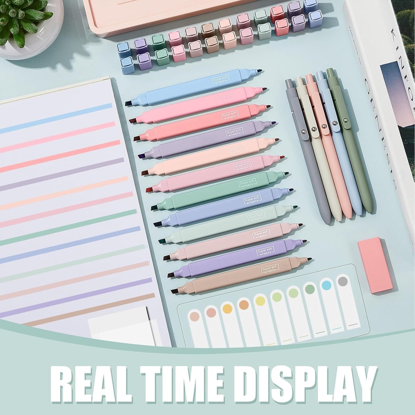 Jutom 38 Pcs Book Annotation Kit Aesthetic Highlighters Gel Pens Set Sticky Notes Tabs Markers Dual Ended Highlighter Quick Dry Ink Pens for Office Annotating Books(Clear,Square)