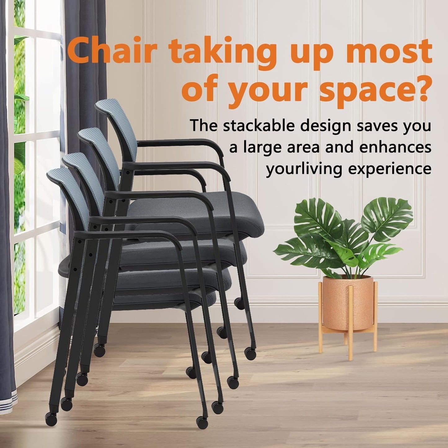 CLATINA Mesh Back Stacking Arm Chairs with Upholstered Fabric Seat and Ergonomic Lumbar Support for Office School Church Guest Reception (WithWheels Gray- 8 Pack)