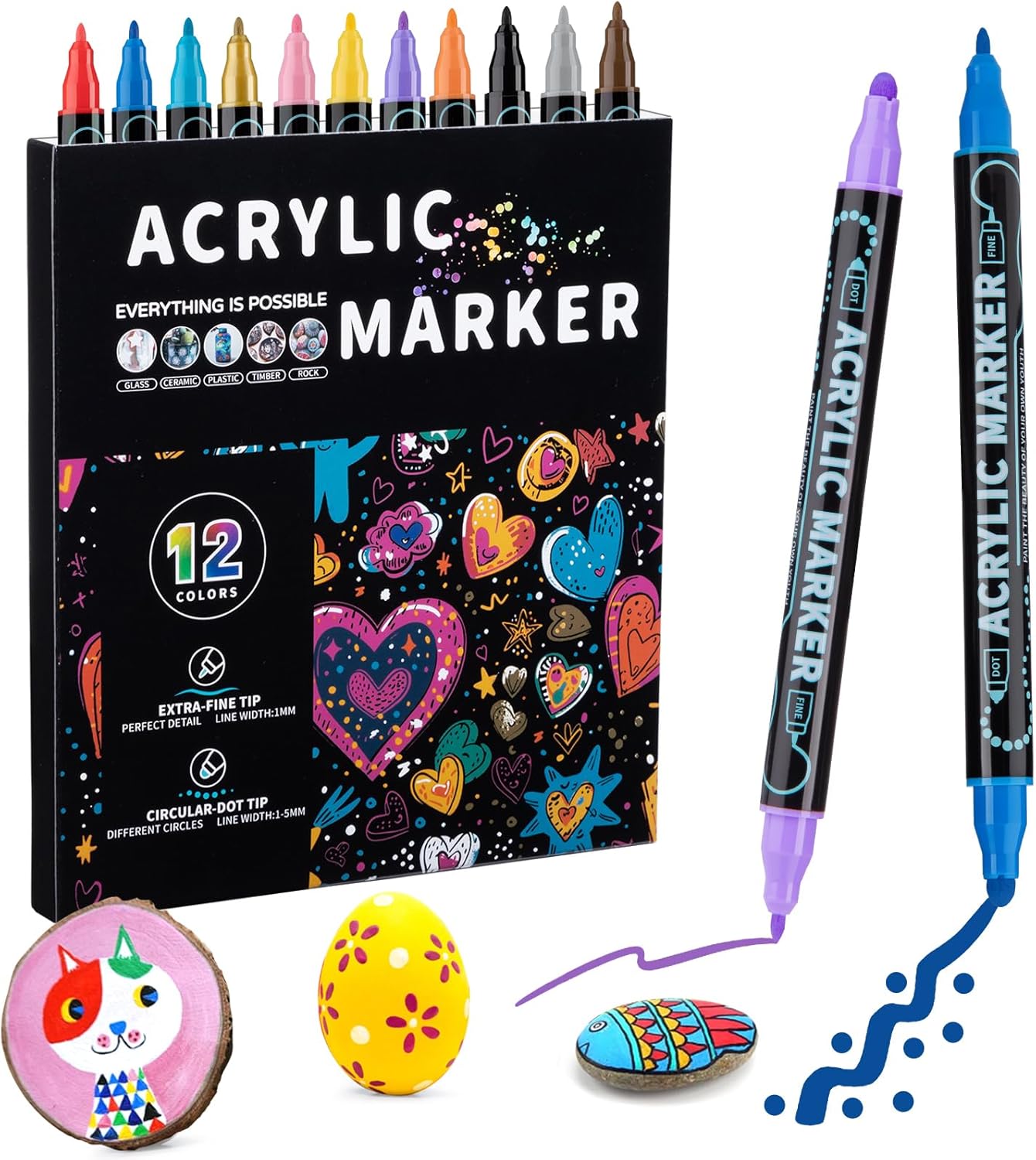 12 Colors Dual Tip Acrylic Marker Paint Pens, Dual Tip Premium Markers for Wood, Rock Painting, Glass, Canvas, Stone, DIY Crafts Making Art Supplies