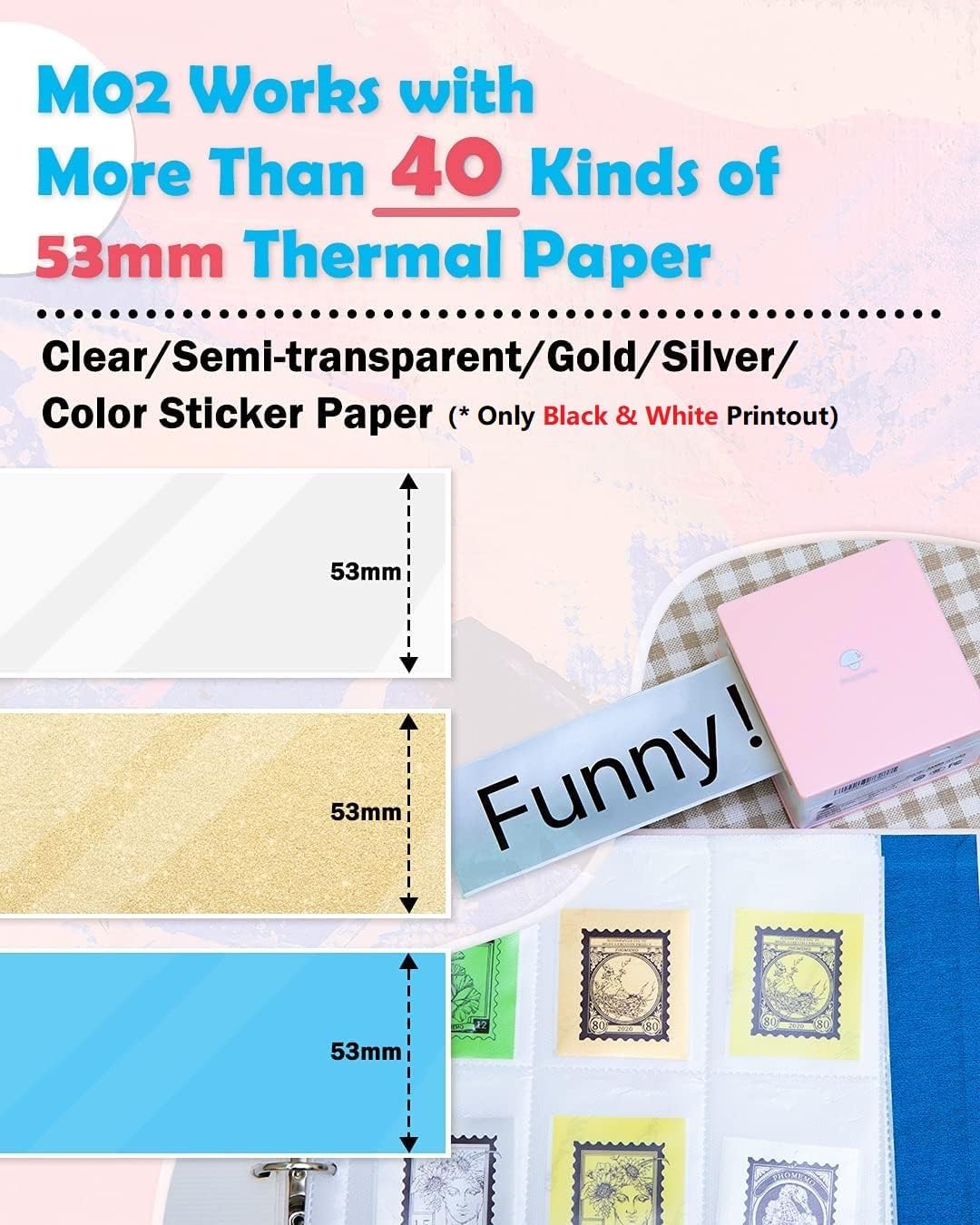 Phomemo Mini Sticker Printer- Mini Printer Sticker Maker Machine M02, Print Pods Suitable for Creative DIY, Diaries, Photos, Study Notes, Portable Thermal Inkless Label Maker for Home/Travel, Pink