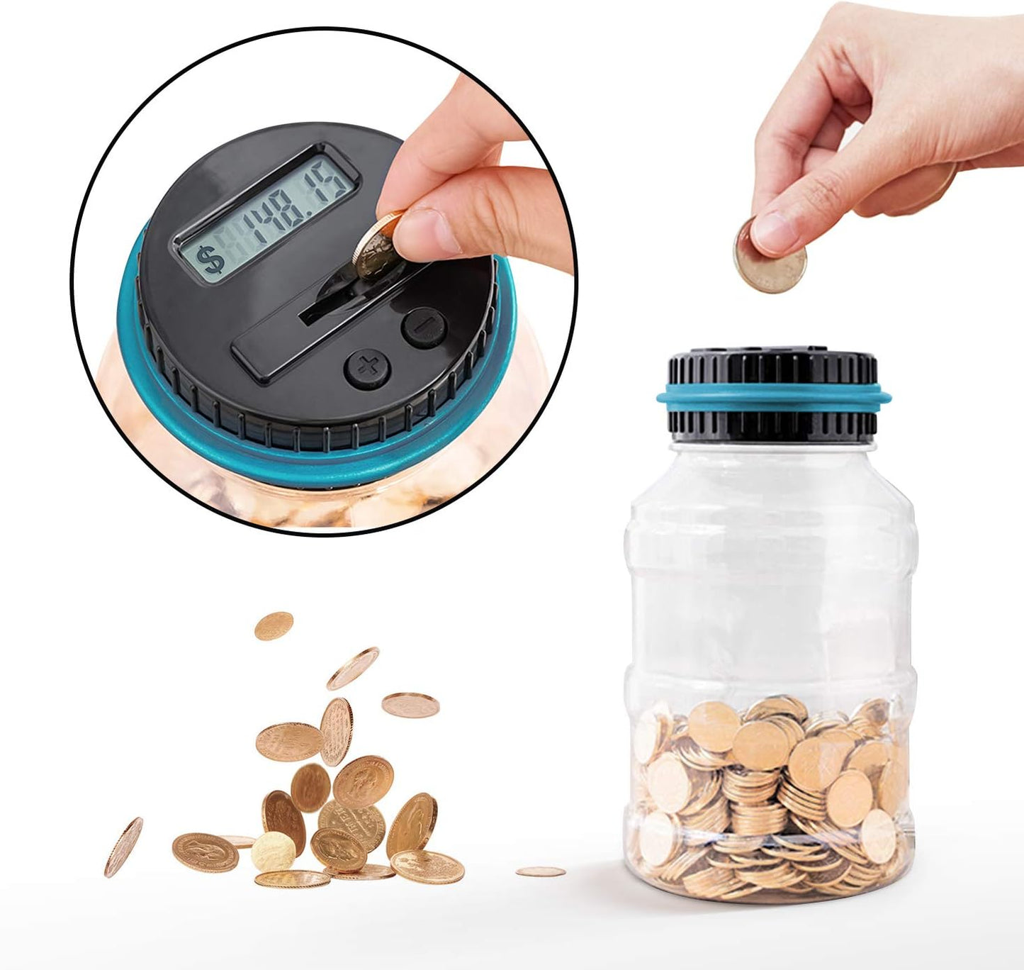 Large Piggy Bank for Boys Adults, Vcertcpl Digital Coin Counting Bank with LCD Counter, 1.8L Capacity Coin Bank Money Jar for Adults, Designed for All US Coins (Blue)