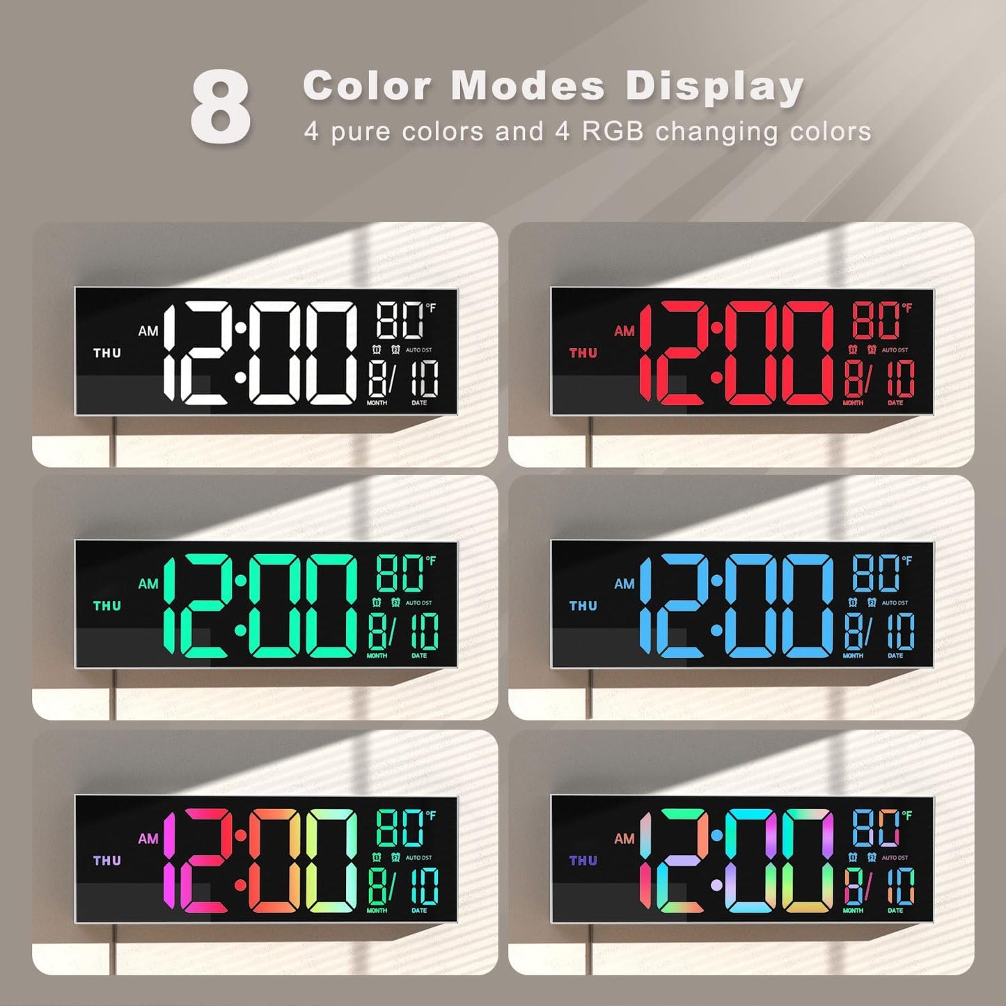 JALL 16" Large Digital Wall Mount Clock, Count Down Timer, Alarm, Big LED, 8 RGB Color, DST, Temperature for Living Room Classroom Desk, Xmas, Birthday Gift for Senior Mom Dad (White Shell, 16 inches)