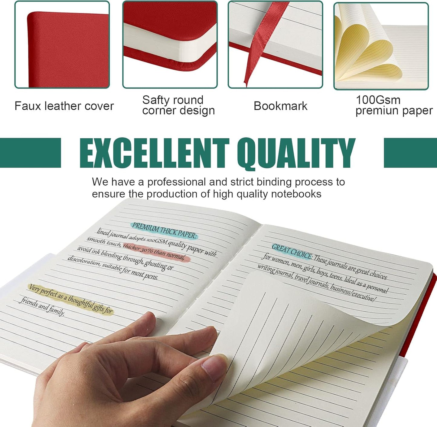 Lined Journal Notebook, 10Pack(Red), 160 Pages, Medium 5.7 inches x 8 inches - 100 gsm Thick Paper, Hardcover