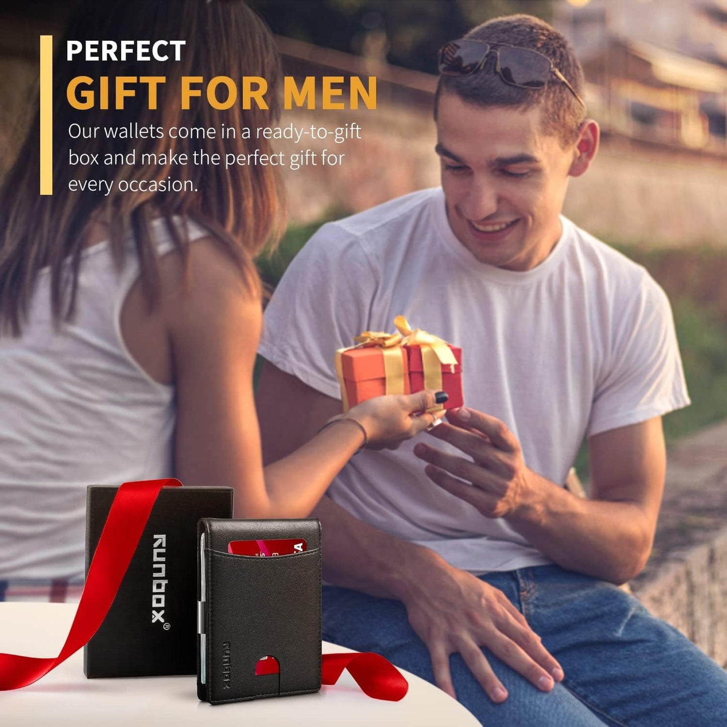 RUNBOX Money Clip Slim Wallets for Men RFID Blocking 11 Card Holder Minimalist Small Leather Bifold Men's Front Pocket Wallet Gift Box