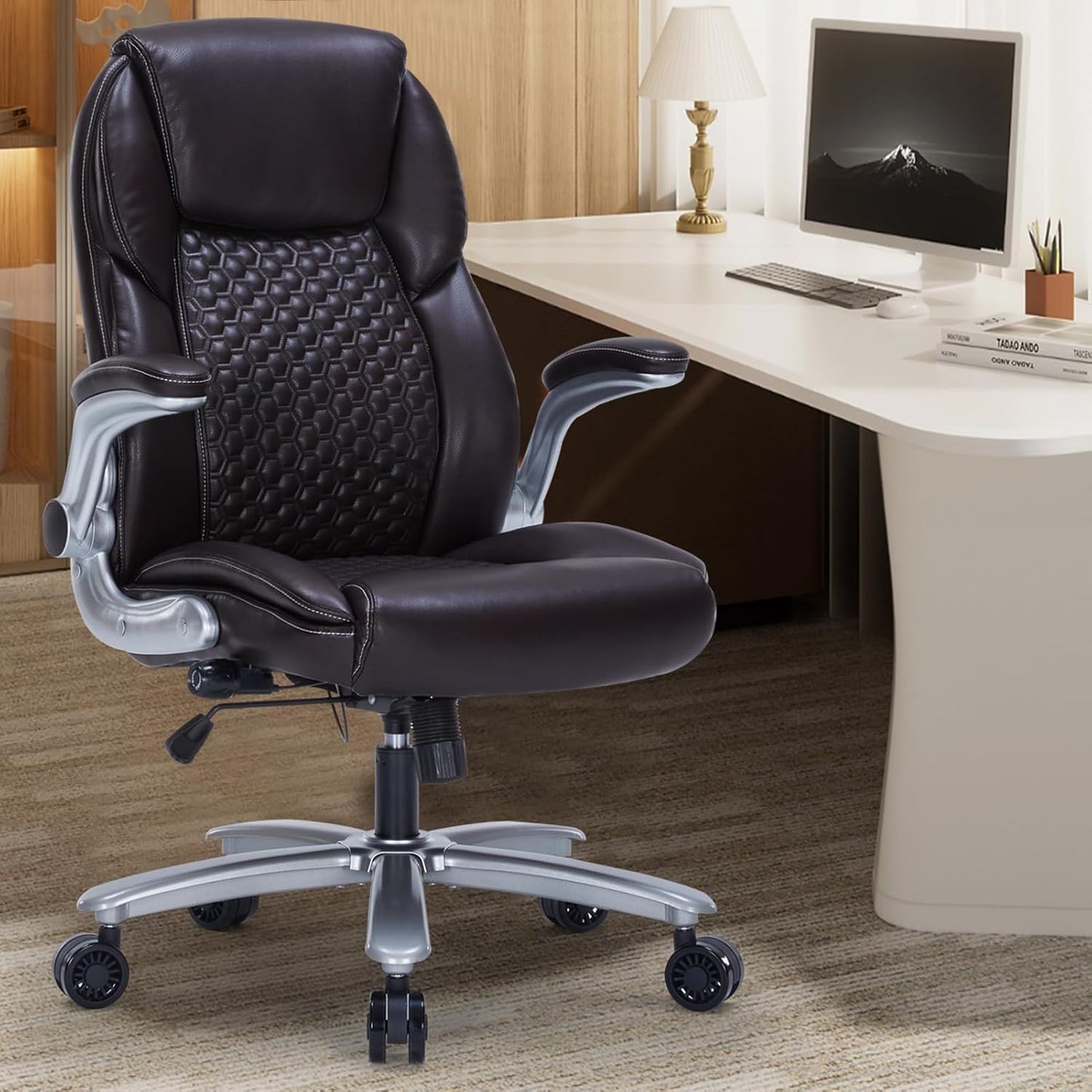 Home Office Chair, Executive Comeputer Desk Chair Ergonomic Office Chair with Adjustable Lumbar Support, Tilt Lock, PU Leather, Swivel Rolling Chair for Gaming Adult Working Study-Brown