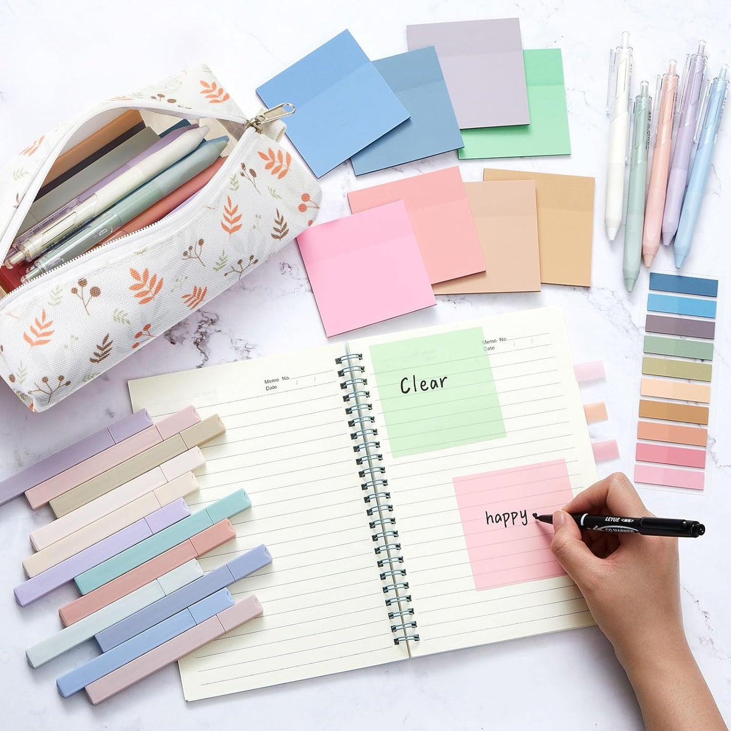 Jutom 39 Pcs Aesthetic Book Annotation Kit Highlighter with Pencil Case Bag Gel Pen Transparent Sticky Note Taking Bible Study College School Supplies(Beige,Floral Style)