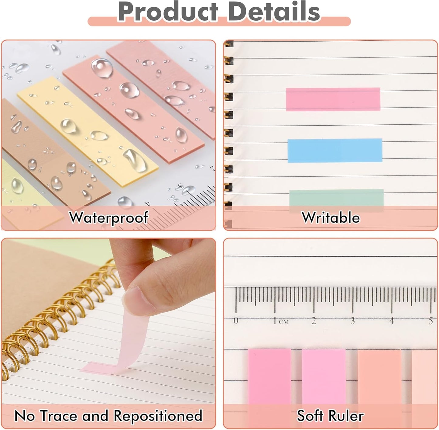 Book Tabs for Annotating, 2000Pcs Sticky Tabs with Ruler, Transparent Sticky Notes for Binders, Page Markers for Notebooks, Multi-Colored Writable and Repositionable Book Flags Strip Index Tabs