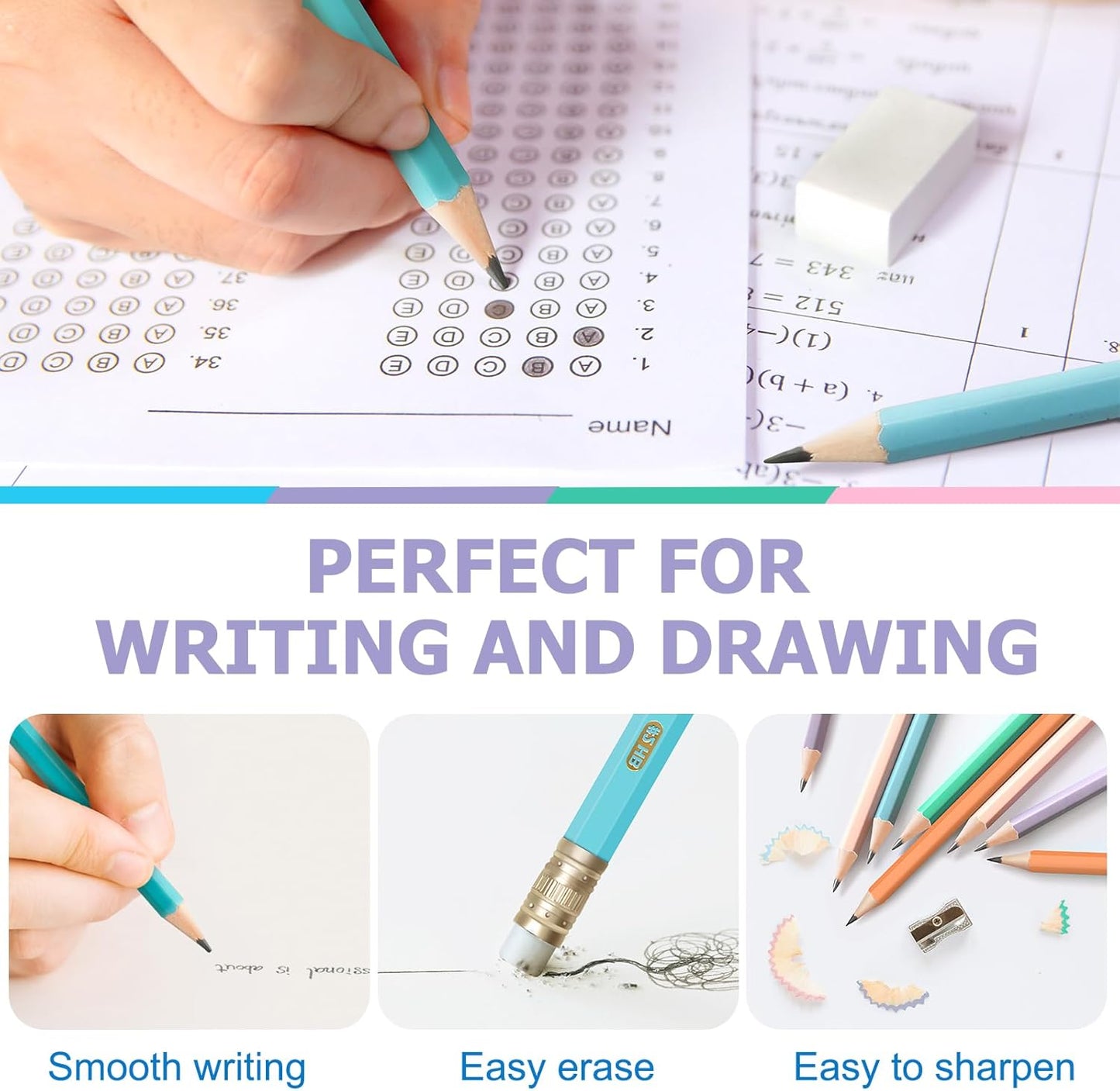 V-Opitos 200 Pack #2 HB Pencils, Bulk Wood-Cased Pre-Sharpened Pastel Color Pencils with Top Erasers, School Teacher Supplies, Writing, Drawing and Sketching