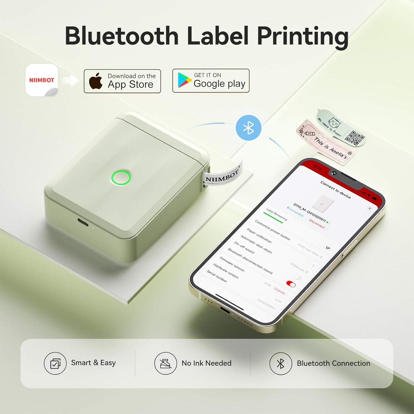 NIIMBOT Label Maker Machine Bluetooth Label Printer for School Home Office Organization, Wireless Mini Labeler D110 Upgraded Version, Label Machine with Label, Green