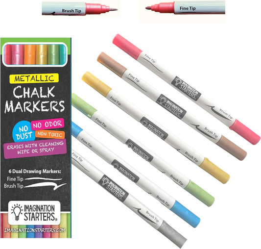 Metallic Liquid Chalk Markers for Chalkboard Signs, Coloring Mats, Window, Labels, Glass, Car- Wet Wipe Ink Chalk Board Markers, Dual Tip (Brush/Fine) Liquid Chalk Pens