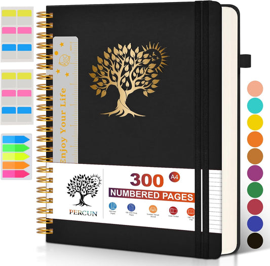 Large Spiral Notebook Journal for Women Men - 300 Numbered Lined Pages, College Ruled, A4 Hardcover Spiral Bound Notebook for School, Work, Note Taking, Writing, Leather Spiral Journal 8.5"x11"