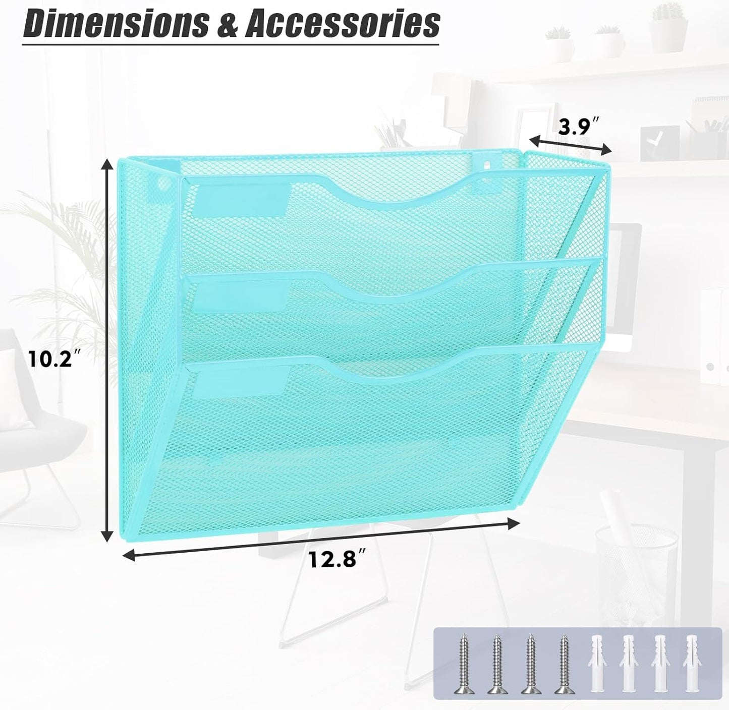 EASEPRES 3 Pocket Mesh Hanging Wall File Organizer, Wall Mounted Mail Paper Document Folder Holder, Clipboard Storage Organization Magazine Rack with Nametag Label for Office Home School, Blue