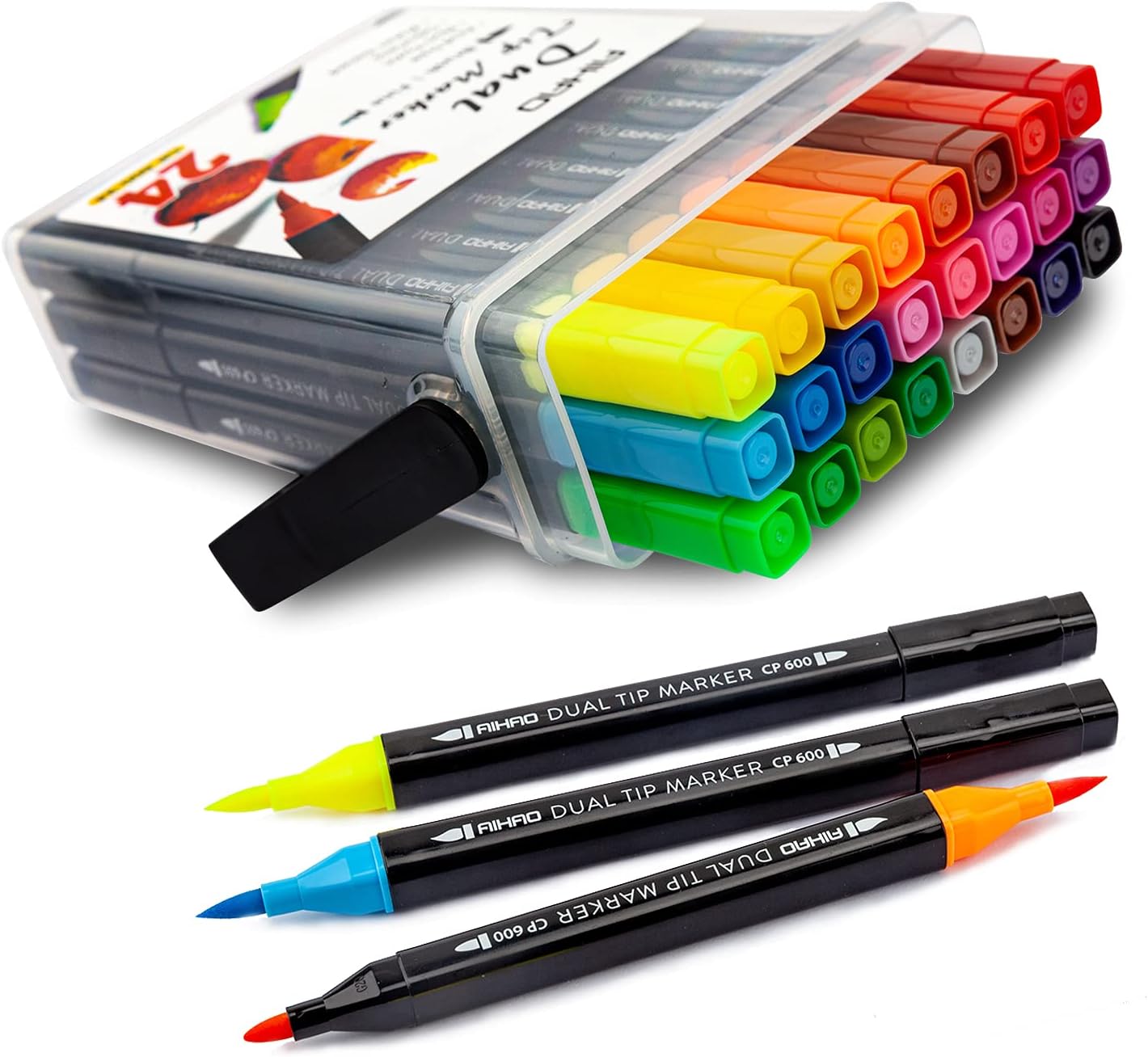 AIHAO Markers for Kids,Washable Markers With Stand Portable Box,Dual Tip Set, Brush & Fine Tips, 24 Pack, Art Supplies for Coloring, Doodling, Sketching, Drawing, Journaling