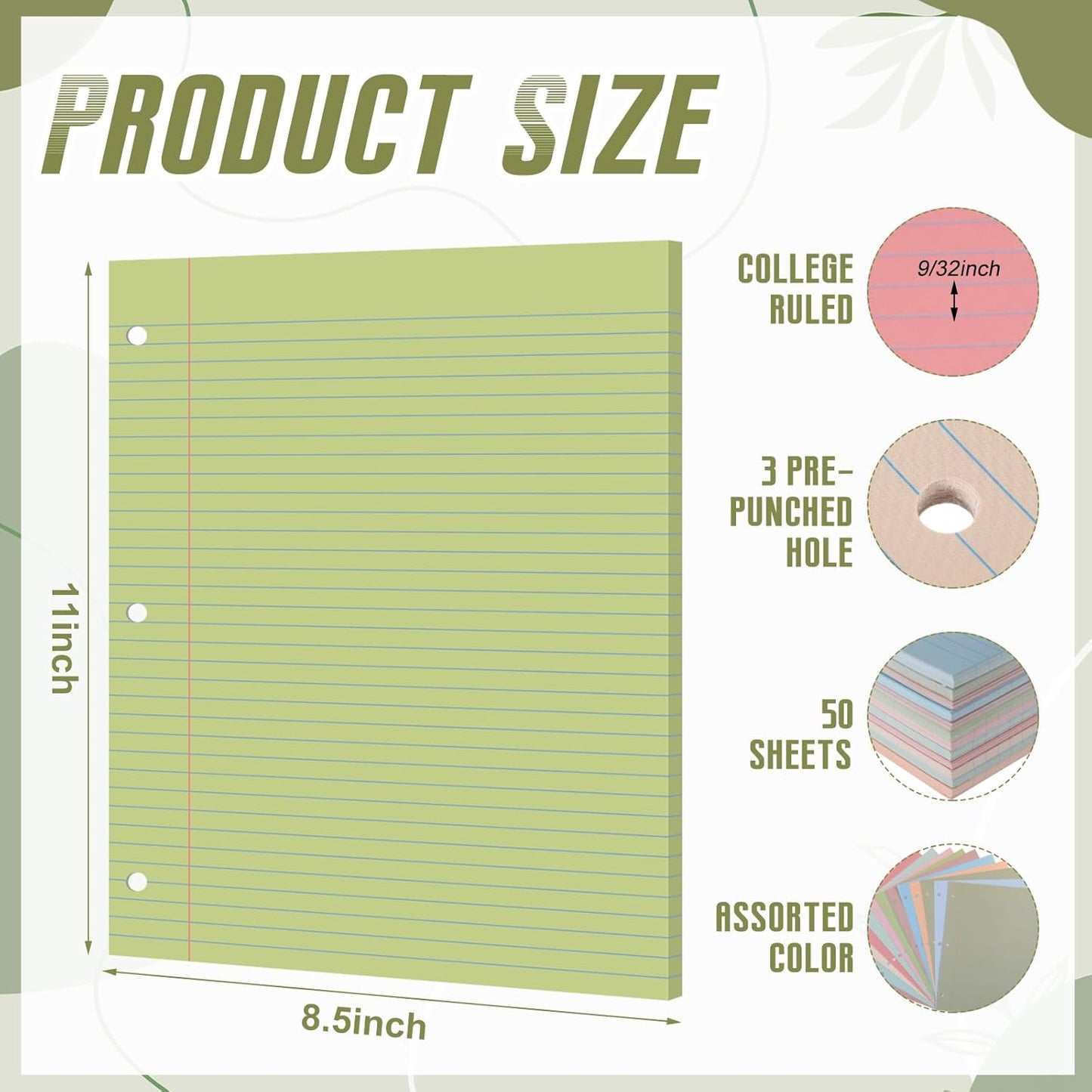 PerKoop 600 Sheets Colored Loose Leaf Paper 8.5" x 11" college ruled Lined 3 Hole Punched notebook Filler Paper for 3 Ring Binders Office School Supplies (Earthy Color)