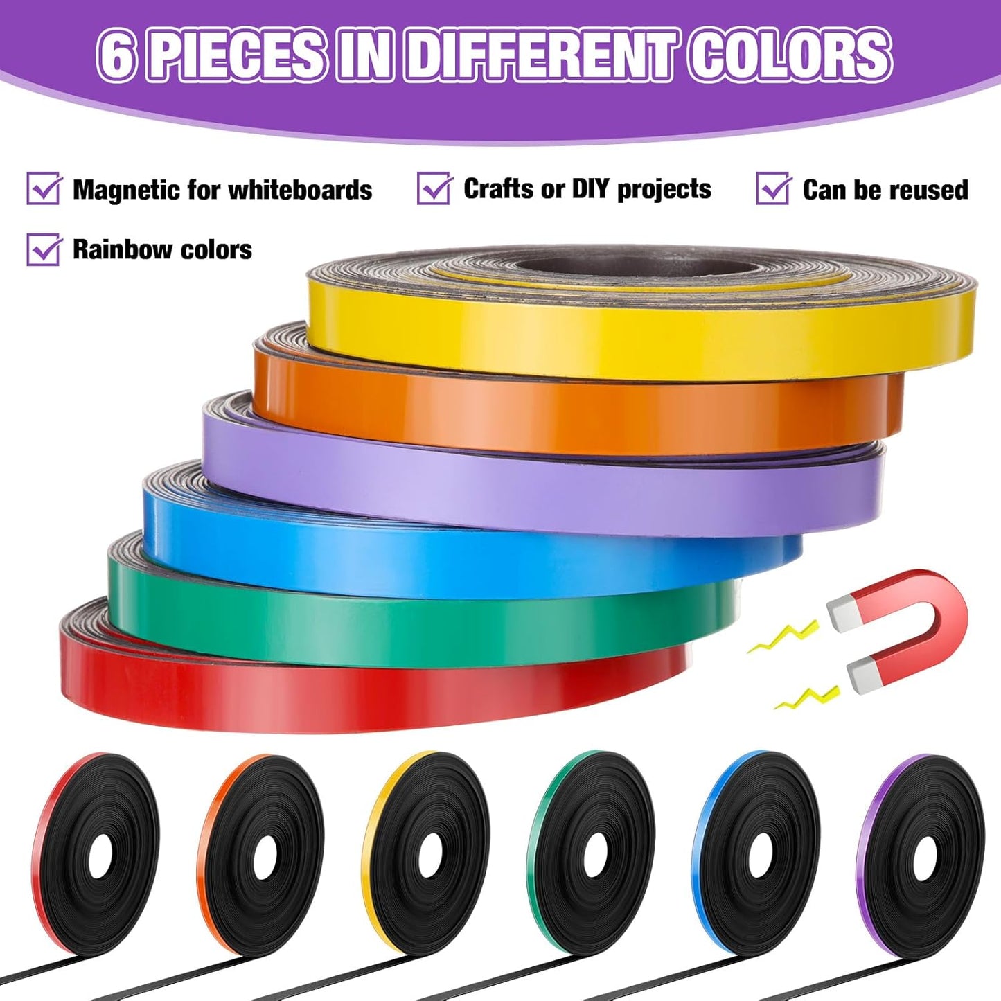 6 Rolls Magnetic Tape Roll Thin Strips, 33 ft Magnetic Whiteboard Graphic Decorative Tape Marking Line Magnet Board Dividers for Classroom Office Art Accessories(Mix Color,0.24 Inch)
