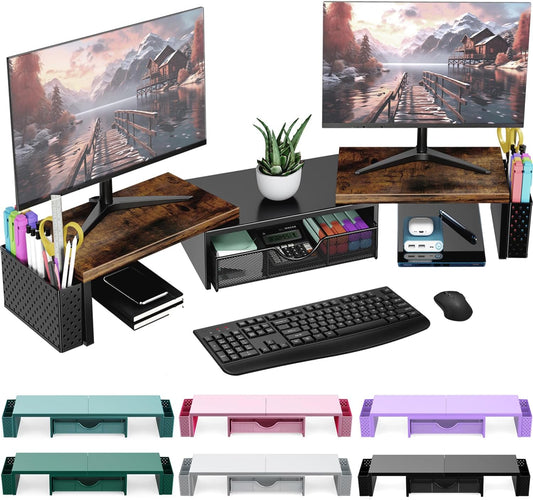 Spacrea Metal Desk Organizers and Accessories, Dual Monitor Stand Riser with Drawer and 2 Pen Holders, Desk Accessories & Workspace Desktop Organizers for Office Supplies (Wood)