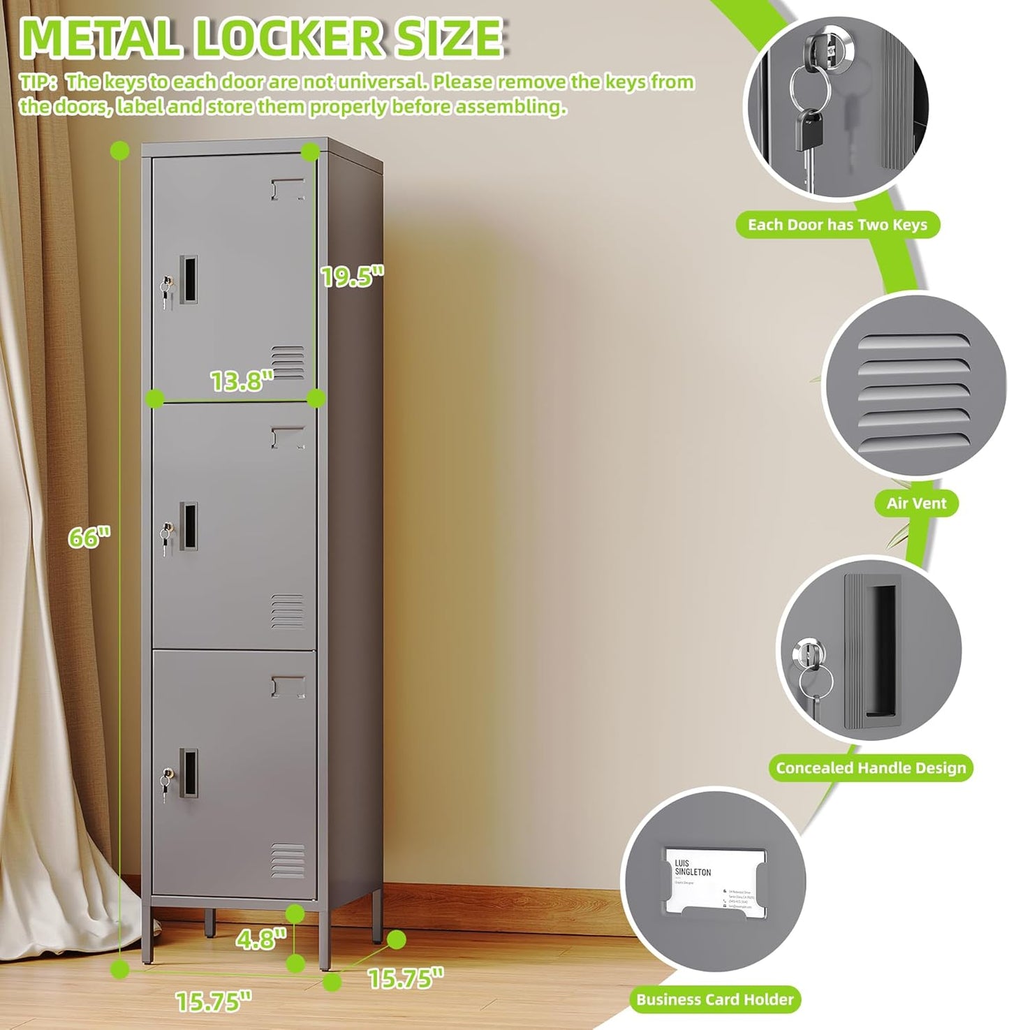 Metal Locker with Hooks and Ventilation Holes,Metal Storage Locker with Keys and Business Card Slof for Home,Gym,Garage,School,Office,66" H×15.75" W× 15.75" D,Assembly Required,Dark Grey