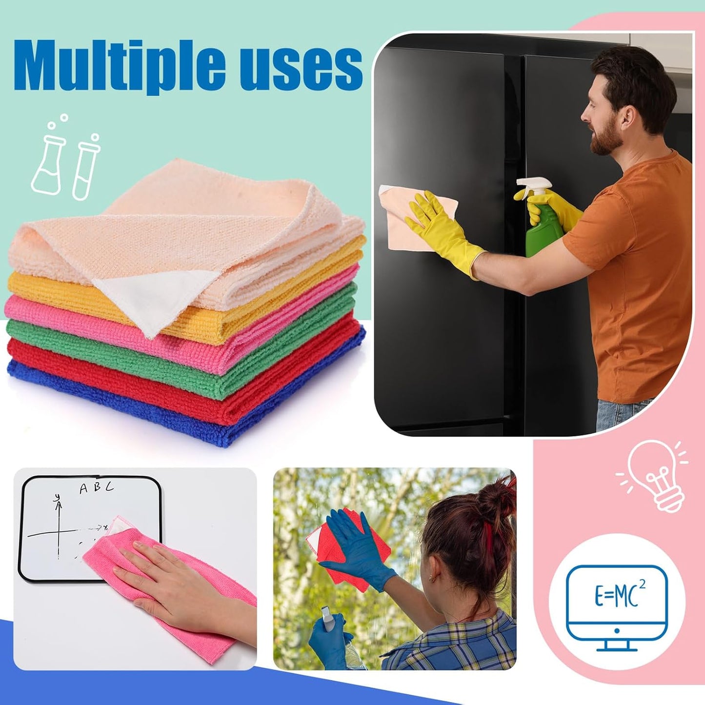 6 Pack Magnetic Whiteboard Cleaning Cloth Extra Strong Magnetism 10'' X 10'' Colorful Microfiber Dry Erase Cloth Reusable Washable Whiteboard Eraser for Classroom, Home and Office Use(Murphys Color)