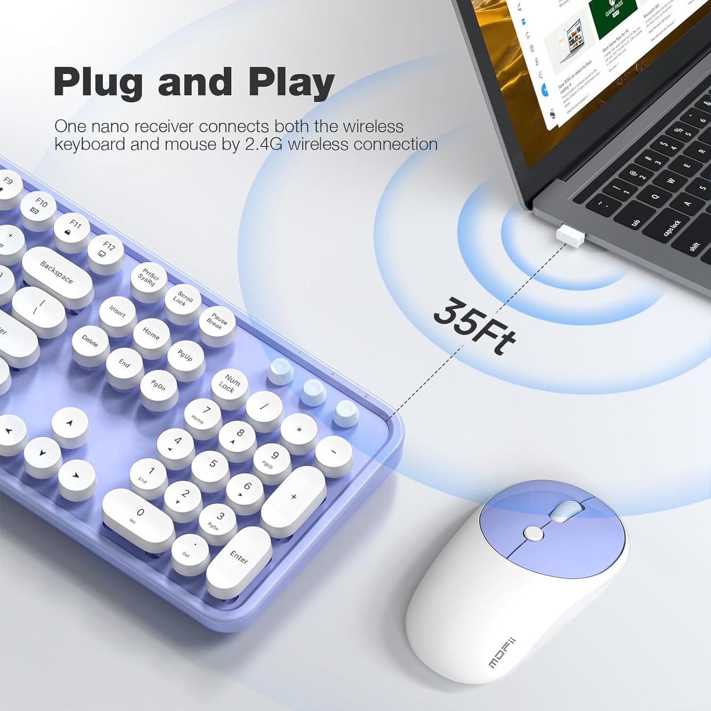 MOFII Wireless Keyboard and Mouse Combo, Computer Full Size 2.4G Plug and Play Wireless Typewriter Retro Round Keyboard and Mouse Set for Windows, Computer, Desktop, PC, Notebook - (Light Purple)