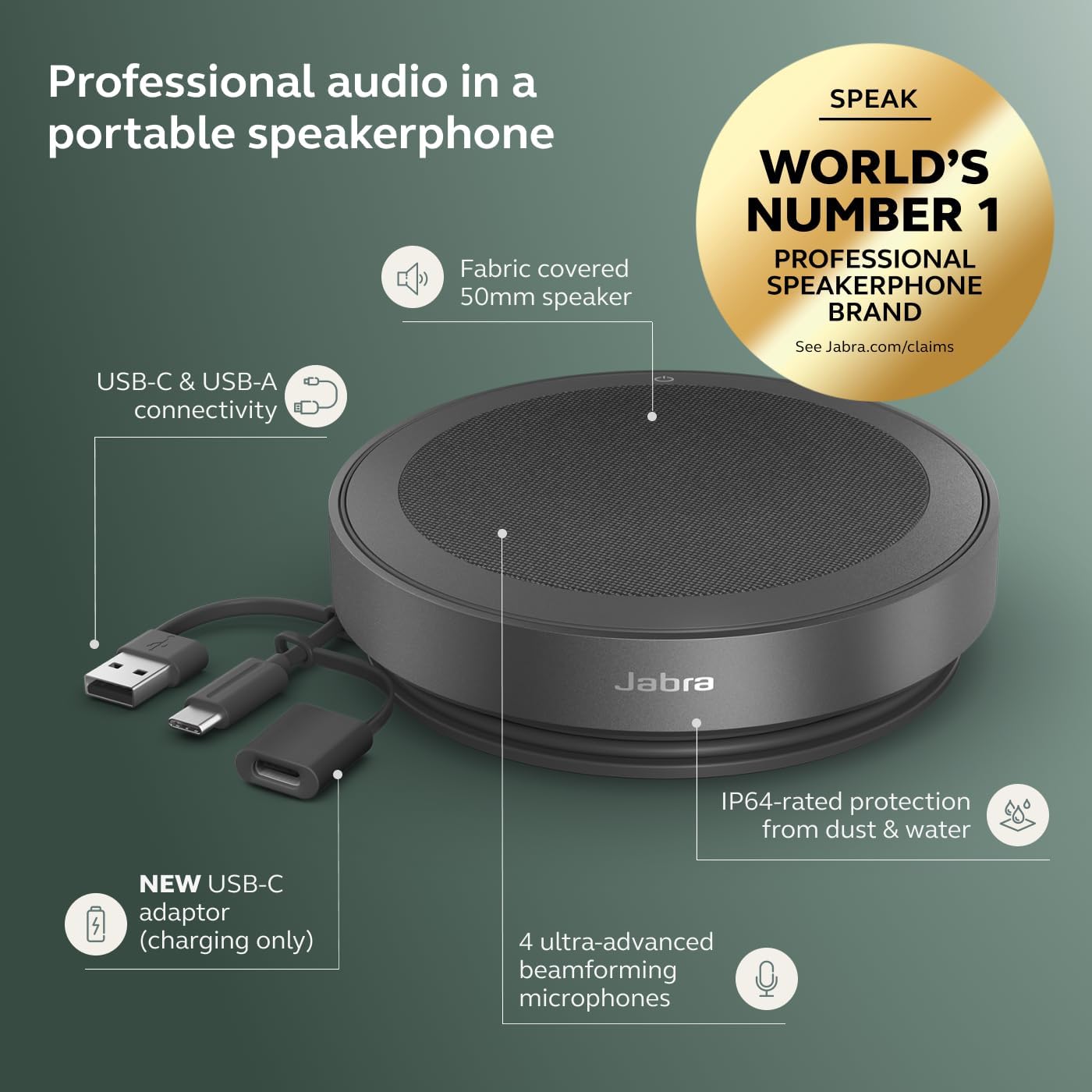 Jabra Speak2 75 (2025 Edition) Wireless Bluetooth Speakerphone - 4 Noise-Cancelling Mics, 65mm Speakers - New Linking Feature - USB-A Dongle - Certified for Microsoft Teams - Dark Grey