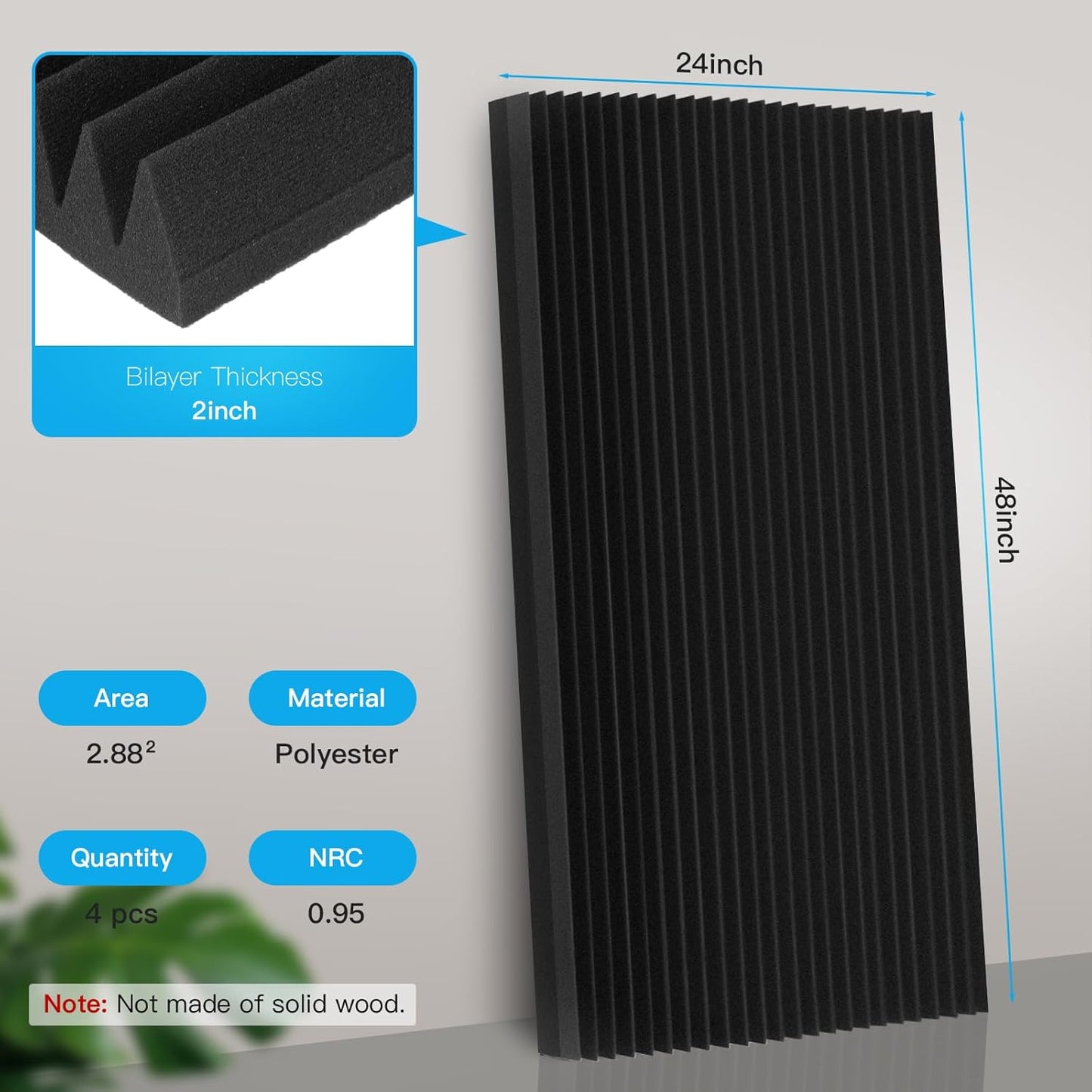 2 Pack Acoustic Foam Panels, 48 x 24 x 2" Sound Absorbing Panels High Density Studio Wedge Tiles for Home,Office, Recording Room, Studio (Black 2 Pack, 48 x 24 x 2 Inch)