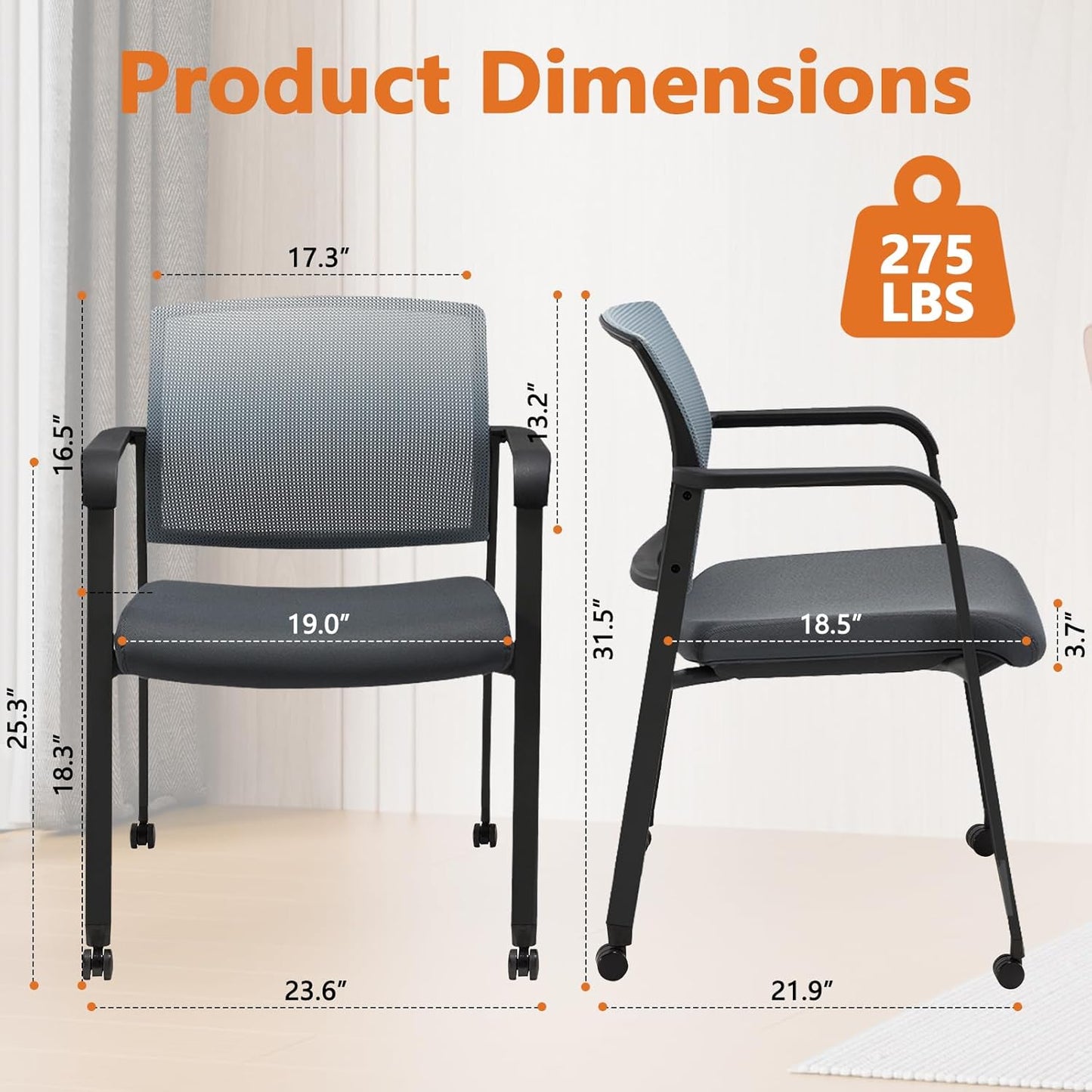 CLATINA Grey Waiting Room Chair with Wheels Mesh Back Stacking Arm Chairs with Upholstered Fabric Seat and Ergonomic Lumbar Support for Office School Church Guest Reception