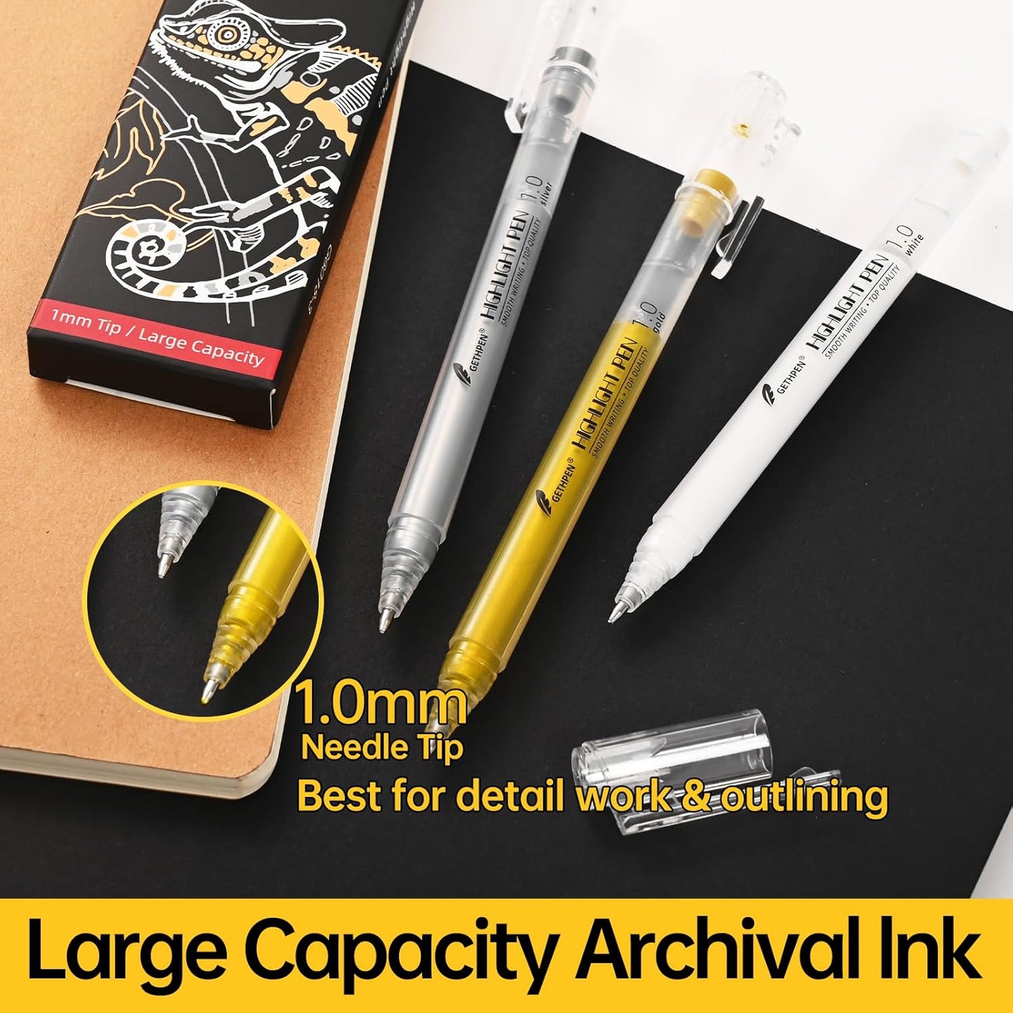 3 Colors Gel Pen Set – White, Gold & Silver 1.0mm Fine Point Gel Ink Pens for Artists, Black Paper Drawing, Bullet Journaling & Holiday Crafts – Opaque Archival Ink, 3-Pack