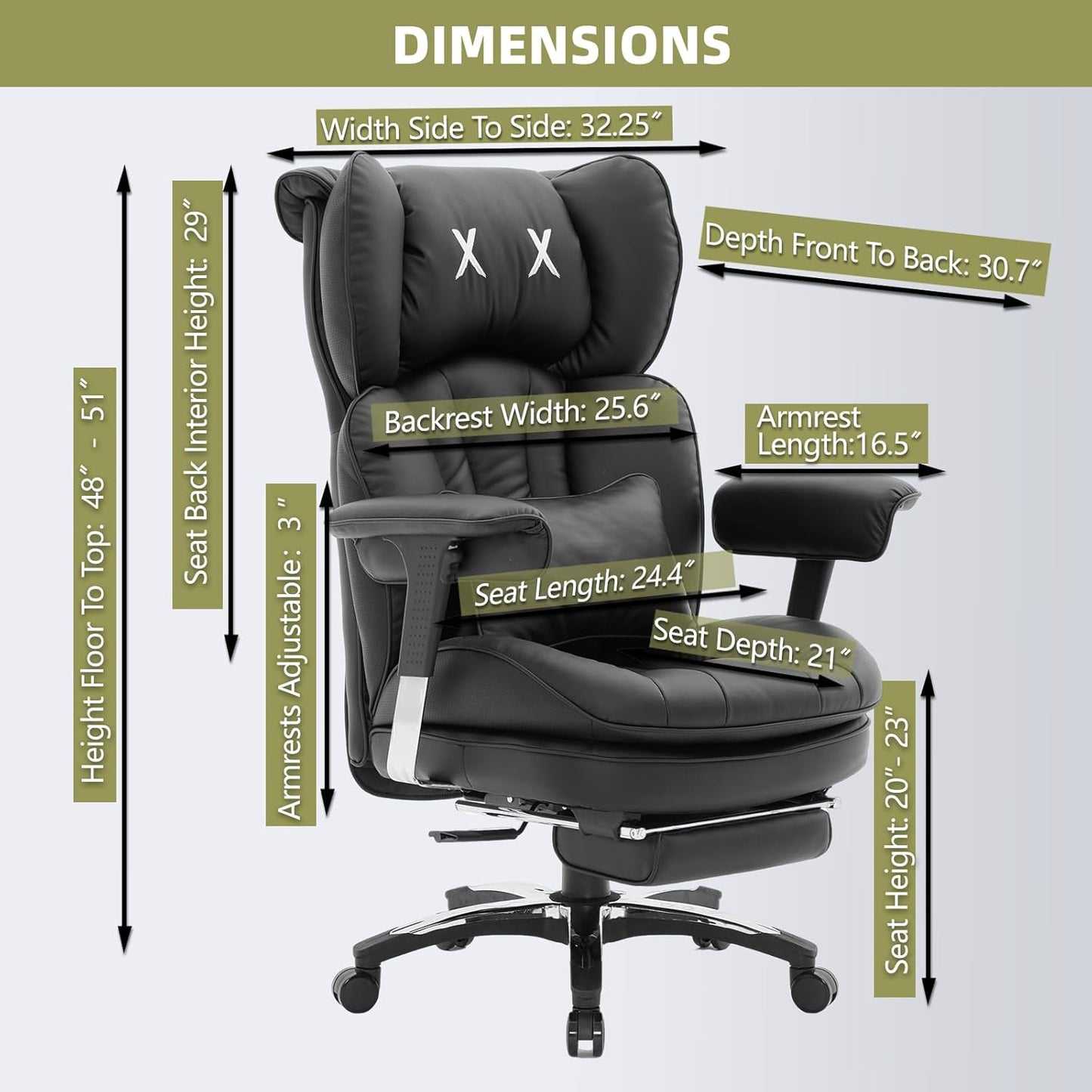 Efomao Big and Tall Office Chair with Footrest – High Back Computer Chair with Adjustable Armrests，Executive Office Chair with Wide Seat, Modern Desk Chair for Home Office, Gaming, or Study, Black