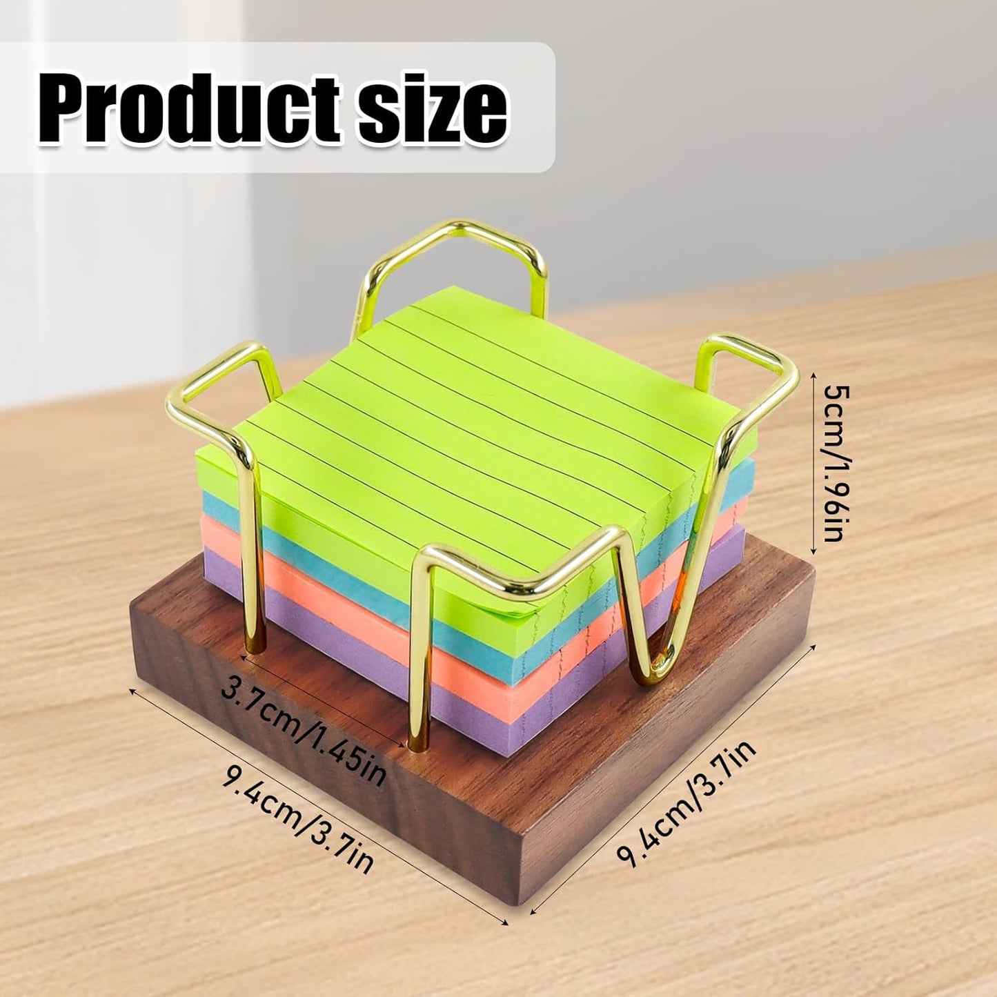 Multibey Walnut Sticky Note Holder, Self-Stick Note Pad Holder for Desk, Wood and Gold Metal Wire Notepad Dispenser, Desktop Organizer for Post Its, Office Supplies