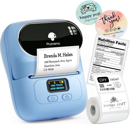 Phomemo Label Printer - M110 Barcode Printer, Upgraded Bluetooth Portable Thermal Label Maker for Product, Address, Small Business, Office, Home for Phone/Tablet/PC/Mac, with 100pcs Labels, Lake Blue