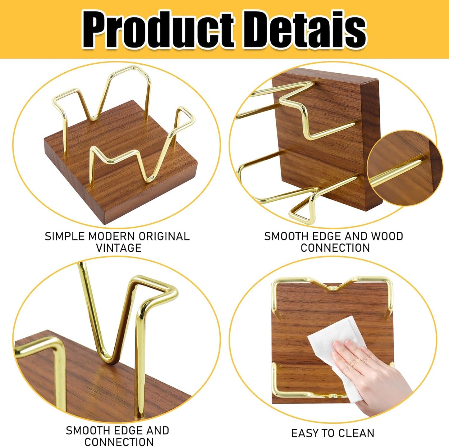 Multibey Walnut Sticky Note Holder, Self-Stick Note Pad Holder for Desk, Wood and Gold Metal Wire Notepad Dispenser, Desktop Organizer for Post Its, Office Supplies