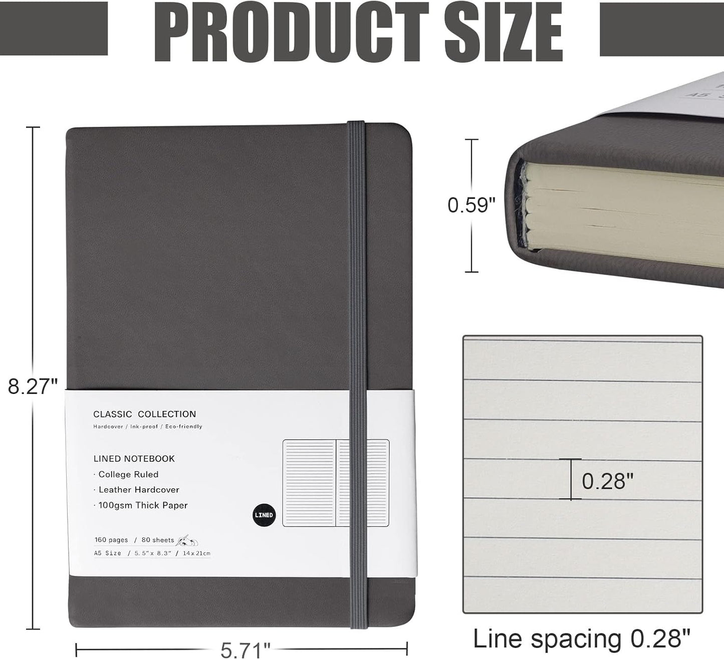 Lined Journal Notebook, 6Pack(Dark Gray), 160 Pages, Medium 5.7 inches x 8 inches - 100 gsm Thick Paper, Hardcover