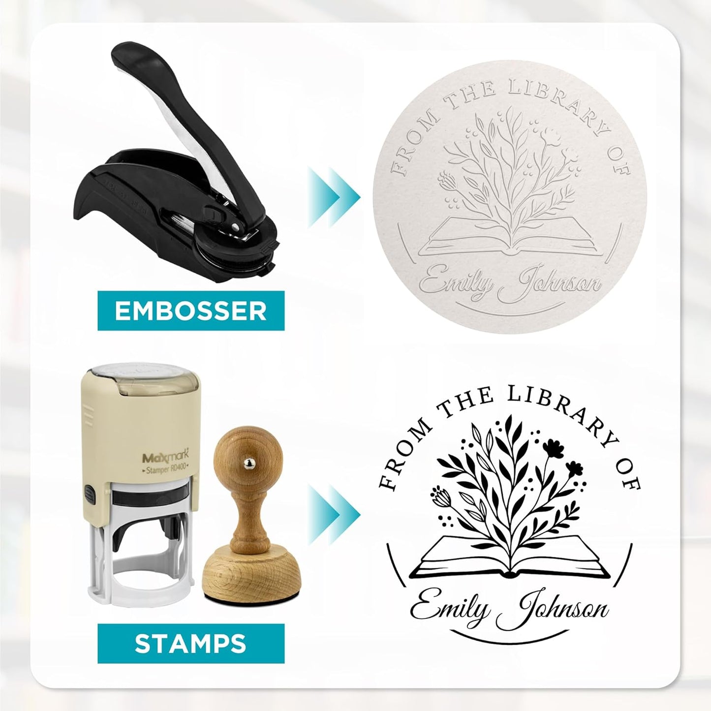 Custom Library Embosser - Style 110 - Embosser, Wood Stamp or Self Inking Stamp - Book Embosser Includes 50 Gold Seals - Custom Stamp Seal from The Library of