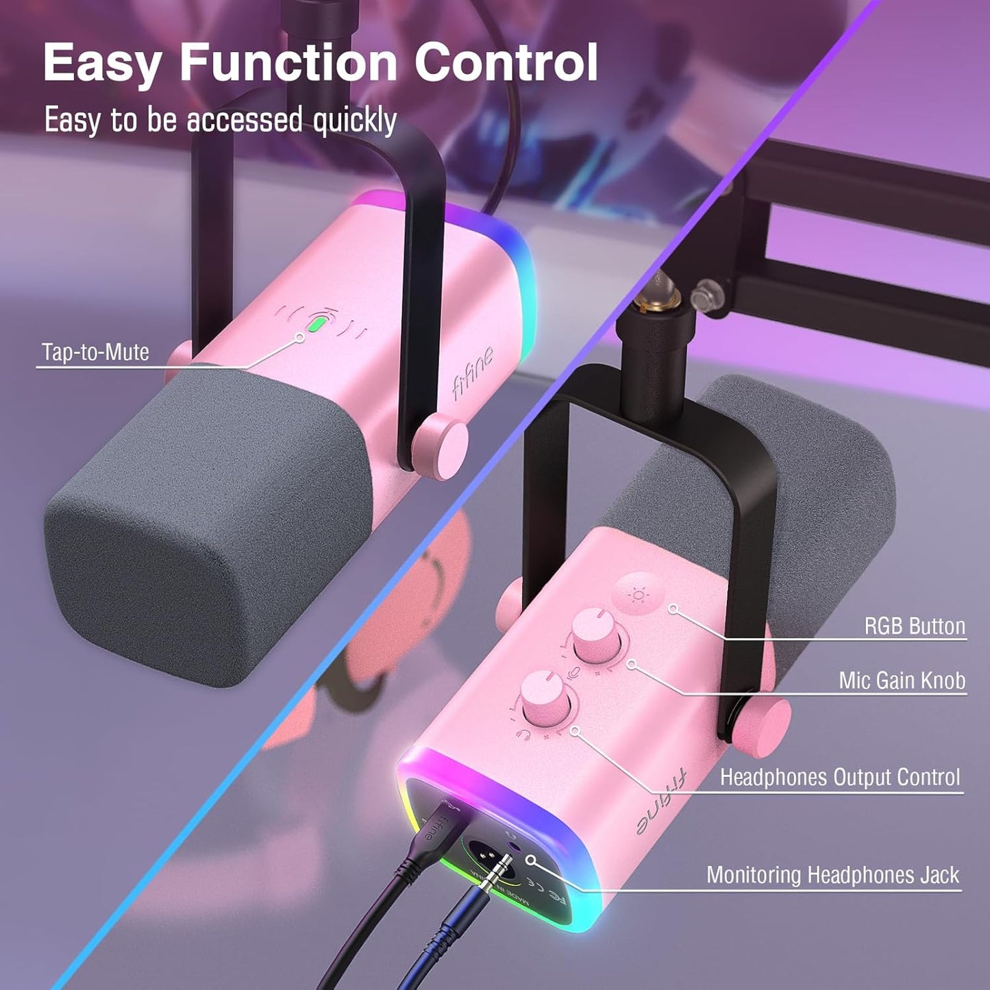 FIFINE XLR Gaming Microphone USB, PC Dynamic Microphone Kit for Vocal, Recording, Podcast, Streaming RGB Mic with Headphone Jack, Mute Button, Boom Arm Stand for Computer/Mixer-AmpliGame AM8T Pink