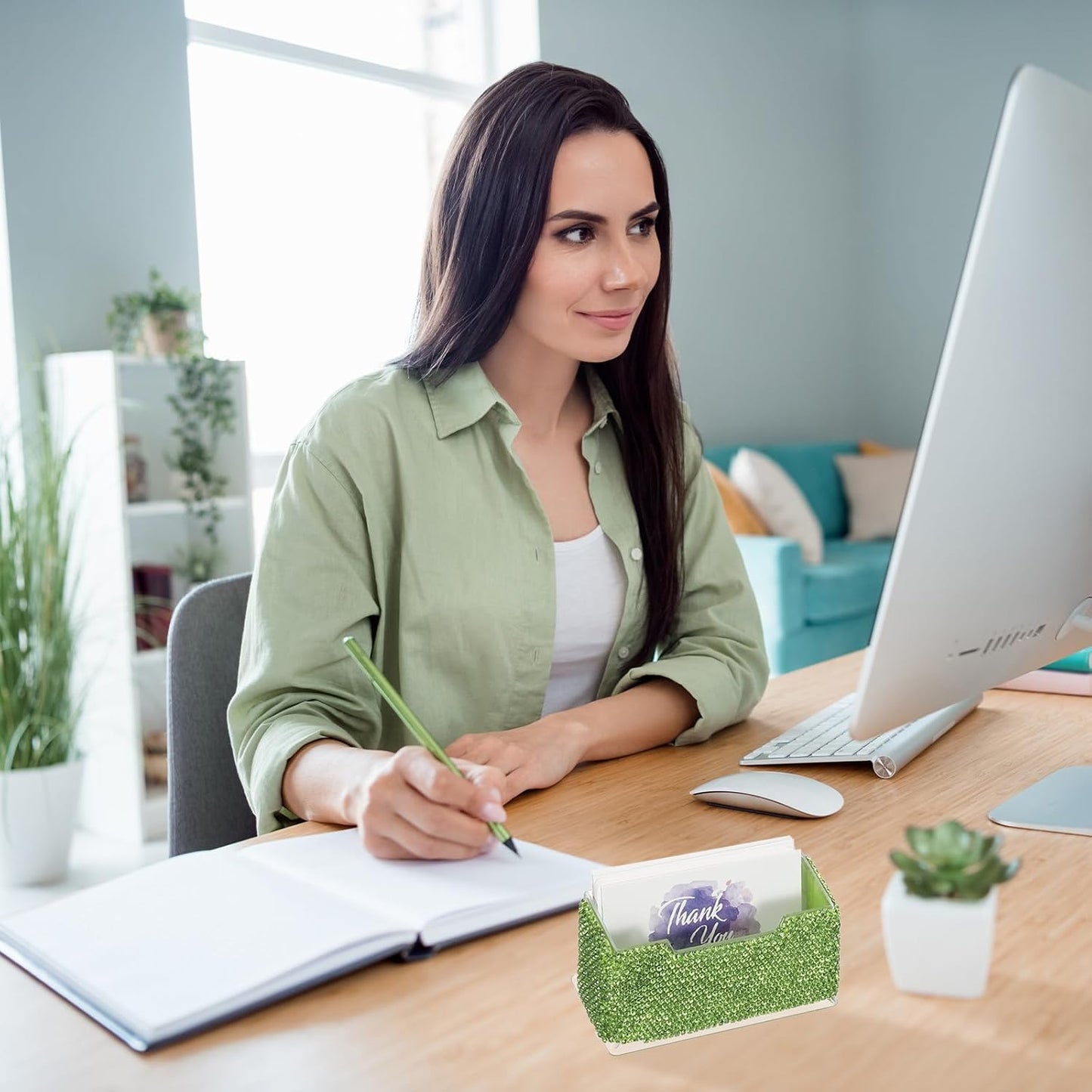 PATIKIL Rhinestone Business Card Holder, Crystal Business Card Holders Bling Business Card Organizer Display Stand for Desktop Desk Office Exhibition, Green