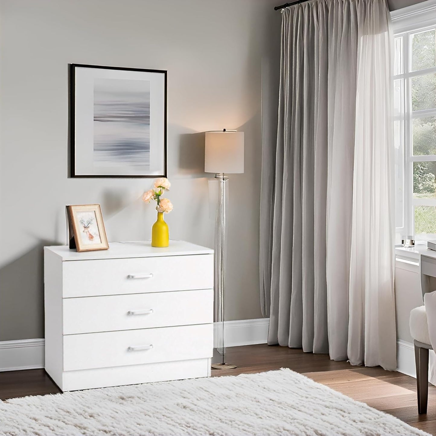 Karl home White 3 Drawer Dresser for Bedroom, Small Nightstand Modern Storage Chest of Drawer Wooden Side Table End Table for Bedroom, Living Room, Reception Room