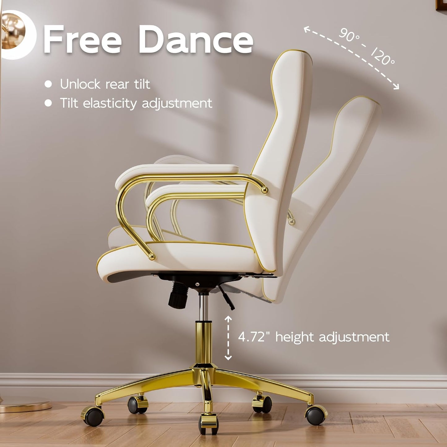 White and Gold Office Chair with Soft Leather Embroidery, Mid Back Vintage Swivel Executive Desk Chair with Wheels and Padded Arms, Adjustable Height