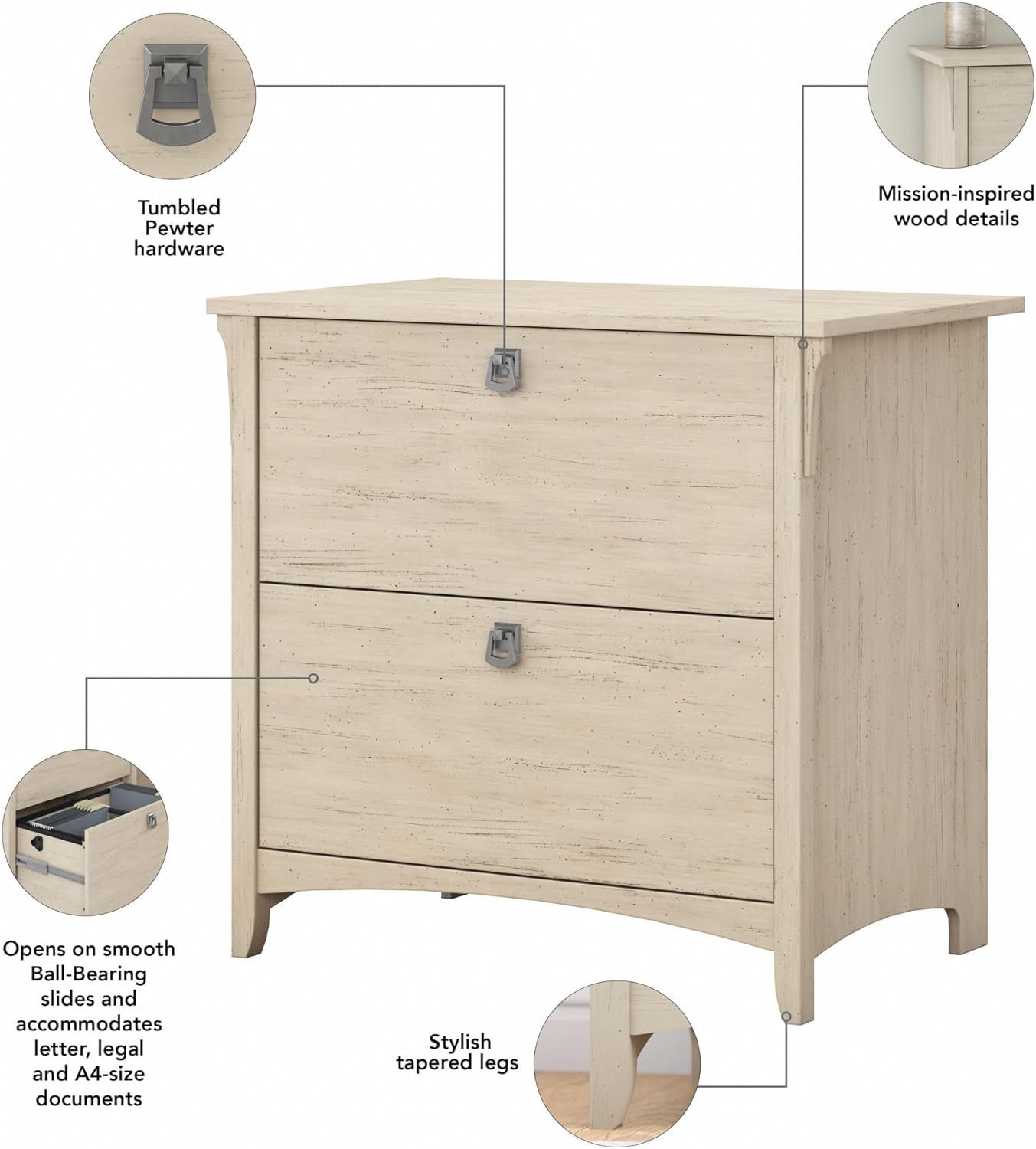 Bush Furniture Salinas 2 Drawer Lateral File Cabinet in Antique White, Home Office Storage Solution, Organizer with Drawers for Workspace, Filing Unit