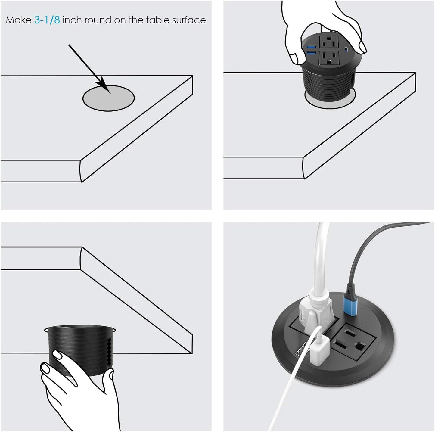 3 inch Desktop Power Grommet USB C,20W Fast Charging Station,Furniture Recessed Power Strip,2 Outlets,3 USB Ports,Flush-Mount for Desktop, Workspace Essential Desk Outlet,2 Pack (Black)