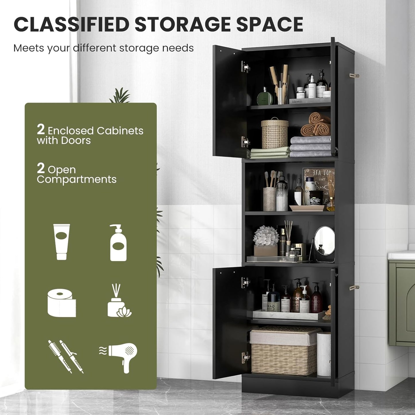 NAFORT Bathroom Storage Cabinet, 75" Freestanding Tall Cupboard with Shelves, Anti-toppling Devices & Non-Slip Foot Pads, Modern Slim Cabinet for Livingroom, Dining Room & Bath Room