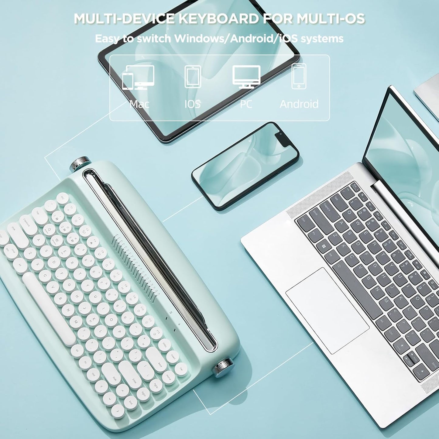 YUNZII ACTTO B303 Wireless Typewriter Keyboard, Bluetooth Connection, Cute Retro Aesthetic Design with Integrated Stand for Tablet, Phone, PC and Win/Mac/Android (B303, Sweet Mint)