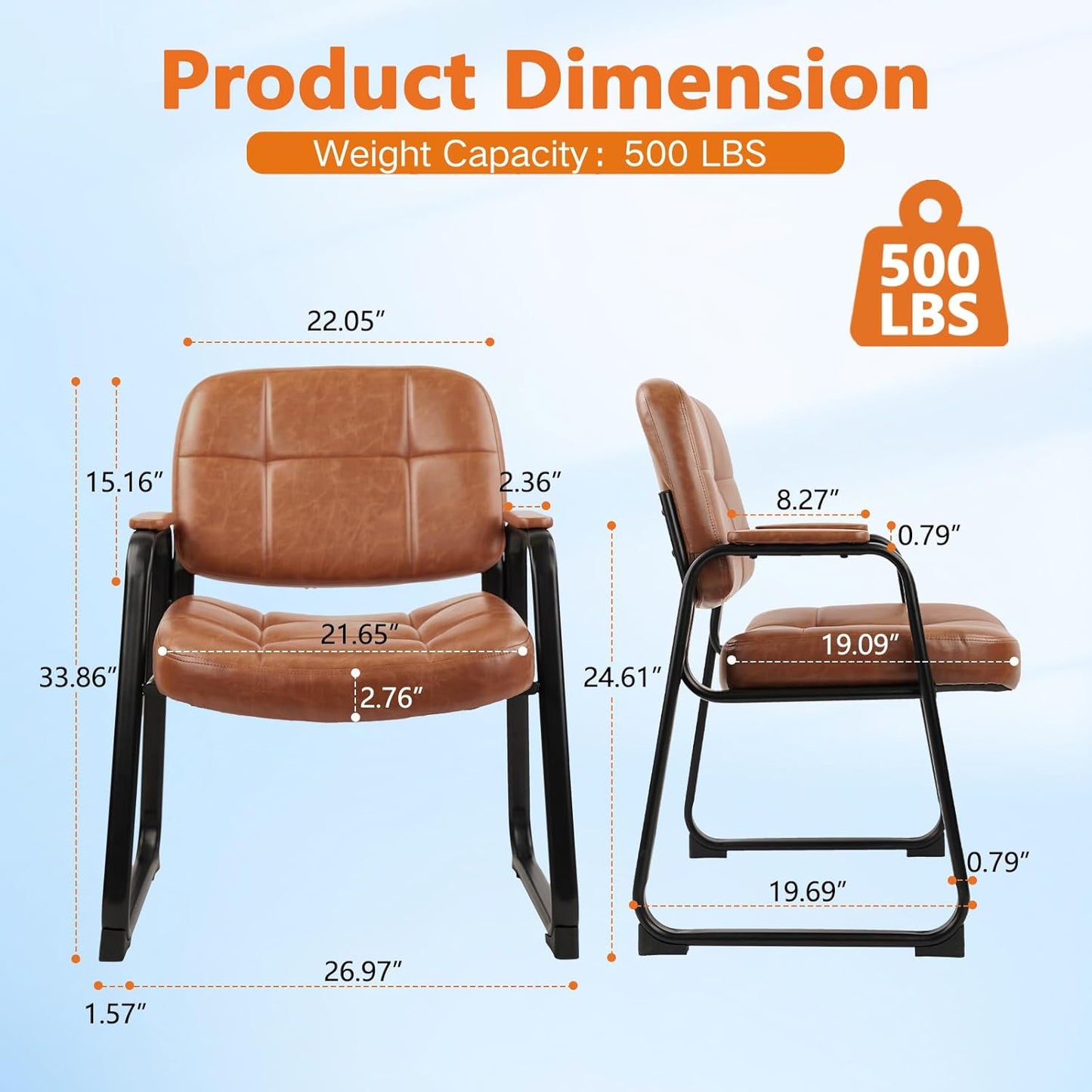 CLATINA Big & Tall 500 lb Waiting Room Chairs with Padded Armrests and Sled Base, Leather Stationary No Wheels Office Guest Chair for Reception Lobby Home and Meeting Conference, Brown （6 Pack）